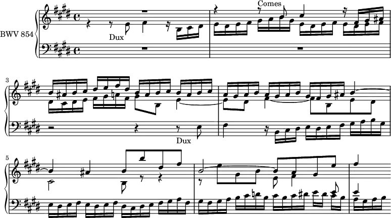
\version "2.18.2"
\header {
  tagline = ##f
}

Dux   = { r4 r8_\markup{Dux} \stemDown e8 fis4 r16 b,16 cis dis e dis e fis gis a b gis e16 dis e fis e dis e fis dis }
Comes = { r4 r8^\markup{Comes} \stemUp b8 cis4 r16 fis,16 gis ais b ais b cis dis e fis dis b16 a b cis b a b cis }

upper = \relative c'' {
  \clef treble 
  \key e \major
  \time 4/4
  \tempo 4 = 104
  \set Staff.midiInstrument = #"harpsichord" 

   %% FUGUE CBT I-9, BWV 854, mi majeur
   << { R1 \Comes | a16 gis a b a gis a b gis fis gis ais b4~ | b4 ais b8 b' dis, fis | b,2~ b8 a gis e' | fis4 } \\ { \relative c' \Dux cis,16 dis e fis gis a fis gis8 b, e4~ e8 dis fis4~ fis8 b, e dis cis2 b8 r8 r4 r8 e'8 gis, b e,8 fis4 } >> %

}

lower = \relative c {
  \clef bass 
  \key e \major
  \time 4/4
  \set Staff.midiInstrument = #"harpsichord" 
    
   R1*2 r2 \Dux cis16 dis e fis gis a fis | gis fis gis a b cis d b cis b cis dis e dis << { e8 e4 } \\ {cis16 b a gis a b} >>
    
} 

\score {
  \new PianoStaff <<
    \set PianoStaff.instrumentName = #"BWV 854"
    \new Staff = "upper" \upper
    \new Staff = "lower" \lower
  >>
  \layout {
    \context {
      \Score
      \remove "Metronome_mark_engraver"
    }
  }
  \midi { }
}
