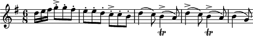 
\version "2.18.2"
\header {
  tagline = ##f
}

\score {
  \new Staff \with {

  }

% Trillbq = { \tag #'print b4->_\trill( \tag #'midi { b16 a b a } }

<<
  \relative c'' {
    \key g \major
    \time 6/8
    \override TupletBracket #'bracket-visibility = ##f 

     %%% Piatti, Bergamasca
     \partial 16*9 d16 e fis g8-.-> g-. fis-. e-. e-. d-. c-.-> c-. b-. | d4( c8) b4->_\trill( a8) 
     d4->( c8) b4->_\trill( a8) b4( g8)

  }
>>
  \layout {
     \context { \Score
     \remove "Metronome_mark_engraver" }
  }
  \midi { \tempo 4. = 100 }
}
