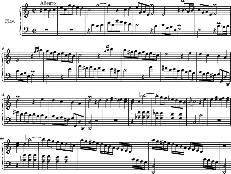 
\version "2.18.2"
\header {
  tagline = ##f
  % composer = "Domenico Scarlatti"
  % opus = "K. 339"
  % meter = "Allegro"
}

%% les petites notes
trillFb        = { \tag #'print { f2\prall } \tag #'midi { g32 f g f~ f8~ f4 } }
trillEqp       = { \tag #'print { e8.\prall } \tag #'midi { f32 e f e~ e16 } }
trillBqpUp     = { \tag #'print { b'8.\prall } \tag #'midi { c32 b c b~ b16 } }
trillDb        = { \tag #'print { d2\prall } \tag #'midi { e32 d e d~ d8~ d4 } }

upper = \relative c'' {
  \clef treble 
  \key c \major
  \time 2/2
  \tempo 2 = 78
  \set Staff.midiInstrument = #"harpsichord"
  \override TupletBracket.bracket-visibility = ##f

      s8*0^\markup{Allegro}
      r4 c4 b c  | e8 c g' f e4 d | c2 g'2~ | g4 b, c d | 
      % ms. 5
      e8 g, a e \trillFb | e2 r4 \trillBqpUp a32 b | c8 g a e \trillFb | e2 r4 \grace {   \tempo 2 = 50 f'16 g }   \tempo 2 = 78 a4 | 
      % ms. 9
      g8 e f d e c d b | c2 r4 \grace {   \tempo 2 = 50 g'16 a }   \tempo 2 = 78 b4 | a8 fis g e fis d e cis | d2 \repeat unfold 2 { r4 e4 |
      % ms. 13
      d4 c b a | \trillDb } r4 d4 |
      % ms. 17
      d4 < d f > < d ees > < c ees > | < b d > c aes'2~ | aes4 g8 f ees d c b | \appoggiatura b8 c2 r4 e4 | e < e g > < e f > < d f >
      % ms. 22
      < cis e >4 d bes'2~ | bes4 a8 g f e d cis | \repeat unfold 2 { a'16[ g fis e] d c  b a g f e d s4 } | 
      % ms. 26
      r2 

}

lower = \relative c' {
  \clef bass
  \key c \major
  \time 2/2
  \set Staff.midiInstrument = #"harpsichord"
  \override TupletBracket.bracket-visibility = ##f

    % ************************************** \appoggiatura a16  \repeat unfold 2 {  } \times 2/3 { }   \omit TupletNumber 
      R1*2 | r4 c4 b c | e8 c g' f e4 d | 
      % ms. 5
      c2 r4 b4 | c8 g a e \trillFb | e2 r4 \trillBqpUp a32 b | c8 g a e \trillFb |
      % ms. 9
      e2 r4 e'4 | a8 fis g e fis d e cis | d2 r4 g4 | \repeat unfold 2 { fis8 d e c d b c a |
      % ms. 13
      b8 g a fis g g, d' d, } | < d d' >2 r2 |
      % ms. 17
      R1 | r4 < aes'' f' >4 q q | < g ees' > q < g d' > q | c,2 c' | R1 |
      % ms. 22
      r4 < bes g' >4 q q | < a f' > q < a e' > q | s2. c16 b a g | < d, d' >2 s4 c''16 b a g |
      % ms. 26
       < d, d' >2

}

thePianoStaff = \new PianoStaff <<
    \set PianoStaff.instrumentName = #"Clav."
    \new Staff = "upper" \upper
    \new Staff = "lower" \lower
  >>

\score {
  \keepWithTag #'print \thePianoStaff
  \layout {
      #(layout-set-staff-size 17)
    \context {
      \Score
     \override SpacingSpanner.common-shortest-duration = #(ly:make-moment 1/2)
      \remove "Metronome_mark_engraver"
    }
  }
}

\score {
  \keepWithTag #'midi \thePianoStaff
  \midi { }
}
