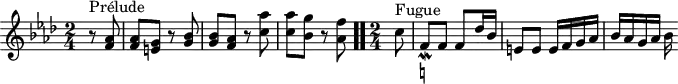 
\version "2.18.2"
\header {
  tagline = ##f
}

\score {
  \new Staff \with {

  }
<<
  \relative c'' {
    \key f \minor
    \time 2/4

     %% INCIPIT CBT II-12, BWV 881, fa mineur
     \partial 4
     r8^\markup{Prélude} < aes f >8 | q < g e > r8 < bes g > | q < aes f > r8 < aes' c, > | q < g bes, > r8 < f aes, > \bar ".."
     \time 2/4 \partial 8
     c8^\markup{Fugue} f,_\mordent-\markup { \natural } f f des'16 bes e,8 e e16 f g aes bes aes g aes bes

  }
>>
  \layout {
     \context { \Score \remove "Metronome_mark_engraver" }
  }
  \midi {}
}
