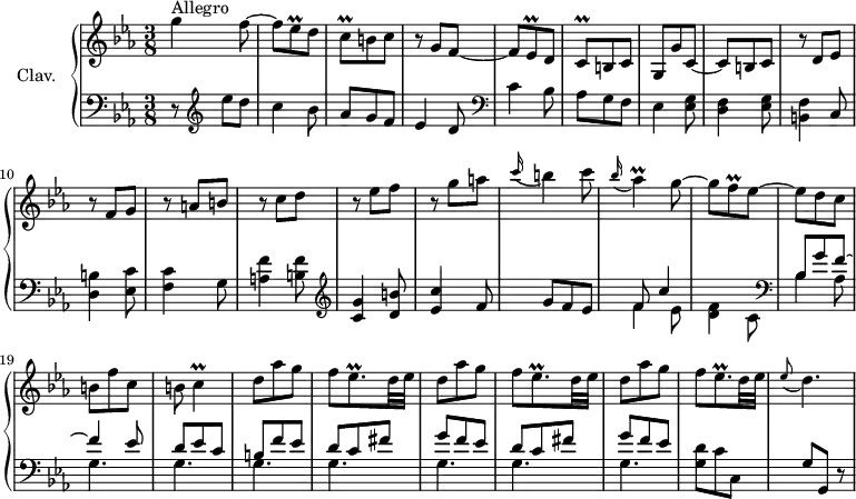\version "2.18.2"
\header {
tagline = ##f
% composer = "Domenico Scarlatti"
% opus = "K. 226"
% meter = "Allegro"
}
%% les petites notes
trillEesq = { \tag #'print { ees8\prall } \tag #'midi { f32 ees f ees } }
trillCq = { \tag #'print { c8\prall } \tag #'midi { d32 c d c } }
trillAes = { \tag #'print { aes4\prall } \tag #'midi { bes32 aes bes aes~ aes8 } }
trillFq = { \tag #'print { f8\prall } \tag #'midi { g32 f g f } }
trillEesqp = { \tag #'print { ees8.\prall } \tag #'midi { f32 ees f ees~ ees16 } }
trillC = { \tag #'print { c4\prall } \tag #'midi { d32 c d c~ c8 } }
appoEesDp = { \tag #'print { \appoggiatura ees8 d4. } \tag #'midi { ees4 d8 } }
upper = \relative c'' {
\clef treble
\key c \minor
\time 3/8
\tempo 4. = 72
\set Staff.midiInstrument = #"harpsichord"
\override TupletBracket.bracket-visibility = ##f
s8*0^\markup{Allegro}
g'4 f8~ | f \trillEesq d8 | \trillCq b8 c | r8 g8 f~ | f \trillEesq d8 | \trillCq b8 c | g g' c,~ |
% ms. 8
c8 b c | r8 d8 ees | r8 f8 g | r8 a8 b| r8 c8 d | r8 ees8 f | r8 g8 a | \appoggiatura c16 b4 c8 |
% ms. 16
\appoggiatura bes16 \trillAes g8~ | g \trillFq ees8~ | ees d c | b f' c | b \trillC | \repeat unfold 3 { d8 aes' g |f \trillEesqp d32 ees } |
% ms. 27
\appoEesDp |
% ms. 30
% ms. 38
% ms. 45
}
lower = \relative c' {
\clef bass
\key c \minor
\time 3/8
\set Staff.midiInstrument = #"harpsichord"
\override TupletBracket.bracket-visibility = ##f
% ************************************** \appoggiatura a16 \repeat unfold 2 { } \times 2/3 { } \omit TupletNumber
r8 \clef treble ees'8 d | c4 bes8 | aes g f | ees4 d8 \clef bass | c4 bes8 | aes g f | ees4 < ees g >8
% ms. 8
< d f >4 < ees g >8 | < b f' >4 c8 | < d b' >4 < ees c' >8 | < f c' >4 g8 | < a f' >4 < b f' >8 \clef treble | < c g' >4 < d b' >8 | < ees c' >4 f8 | g8 f ees |
% ms. 16
<< { f8 c'4 } \\ { f,4 ees8 | < d f >4 c8 } >> \clef bass |
<< { bes8 g' f~ | f4 ees8 | d ees c | b f' ees | \repeat unfold 2 { d c fis | g f ees } }
\\ { bes4 aes8 | \repeat unfold 7 { g4. } } >>
% ms. 26
< g d' >8 c c, | g' g, r8
% ms. 30
% ms. 38
% ms. 45
}
thePianoStaff = \new PianoStaff <<
\set PianoStaff.instrumentName = #"Clav."
\new Staff = "upper" \upper
\new Staff = "lower" \lower
>>
\score {
\keepWithTag #'print \thePianoStaff
\layout {
#(layout-set-staff-size 17)
\context {
\Score
\override SpacingSpanner.common-shortest-duration = #(ly:make-moment 1/2)
\remove "Metronome_mark_engraver"
}
}
}
\score {
\keepWithTag #'midi \thePianoStaff
\midi { }
}