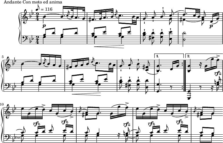 
\version "2.18.2"
\header {
  tagline = ##f
}
upper = \relative c'' {
  \clef treble 
  \key g \minor
  \time 2/4
  \tempo 8 = 116
  %\autoBeamOff

   %%Montgeroult — Étude 44 (pdf p. 132)
   \repeat volta 2 {
   bes4~\p bes16. \acciaccatura c8 bes32 a16. g32 fis16. g32 a16. bes32 \acciaccatura d8 c8. bes32 a \autoBeamOff g8-! a-! 
   << { \autoBeamOff bes-! \autoBeamOn c8( d8.) c32 bes a8  } \\ { s8 g8 fis4~ fis8 } >> 
   \autoBeamOn d16\p( g)
   
   bes4~ bes16 \acciaccatura c8 bes16 a g fis g a bes \acciaccatura d8 c8. bes32 a \autoBeamOff g8-! a-! bes-!
   < fis c >8(
   }
   \alternative {
   { < g bes, >4.) \autoBeamOn d16 g }
   { < g bes, >4) r16 g16( g' f)-> }

   }
    ees16 g,( ees' d->) c g( c bes->) 
   << { \acciaccatura bes8 a8[ g8.] } \\ { fis8[ g8.] } >>
   g16( g' f)->
    ees16 g,( ees' d->) c g( c bes->)
   << { \acciaccatura bes8 a g8 } \\ { fis8 g8 } >>
}

lower = \relative c {
  \clef bass
  \key g \minor
  \time 2/4

   \repeat volta 2 {
   << { \repeat unfold 2 { bes'8 d } \repeat unfold 2 { < c a >8 ees } } \\ { g,4 g g\< g\! } >>
   \autoBeamOff < d' bes >8-! < d fis, >-! < d g, >8-! 
   < ees ees, >8-!
   < d d, >2 
   \autoBeamOn
   << { \repeat unfold 2 { bes8 d } \repeat unfold 2 { < c a >8 ees } } \\ { g,4 g g\< g\! } >>
   \autoBeamOff < d' bes >8-! < d fis, >-! < d g, >8-! < d d, >8 
   }
   \alternative {
   { < g, g, >4. r8 }
   { < g, g, >4 r8 r16 << { b'16~^\rfz( } \\ { g16~ } >>}
   }

   << { c8) c16[^\rfz d] ees8 ees16[^\rfz d] c8 bes4 r16 } \\ { g8 g4 g8 g g4 } >>
   << { b16~^\rfz( } \\ { g16~ } >>
   << { c8) c16[^\rfz d] ees8 ees16[^\rfz d] c8 bes8 } \\ { g8 g4 g8 g8 g } >>
 
}

  \header {
    piece = "Andante Con moto ed anima"
  }

\score {
  \new PianoStaff <<
    \new Staff = "upper" \upper
    \new Staff = "lower" \lower
  >>
  \layout {
    \context {
      \Score
      
    }
  }
  \midi { }
}
