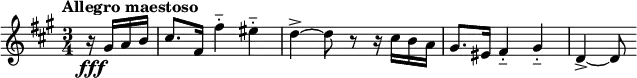 
\new Staff {
 \relative c'' {
  \key fis \minor
  \tempo "Allegro maestoso"
  \time 3/4
  \partial 4
  r16\fff gis16 a16 b16
  cis8. fis,16 fis'4\portato eis\portato
  d~\accent d8 r8 r16 cis16 b16 a16
  gis8. eis16 fis4\portato gis4\portato
  d~\accent d8

 }
}
