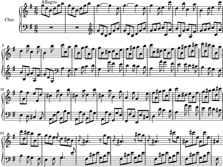 
\version "2.18.2"
\header {
  tagline = ##f
  % composer = "Domenico Scarlatti"
  % opus = "K. 241"
  % meter = "Allegro"
}

%% les petites notes
%trillBesp     = { \tag #'print { bes4.\prall } \tag #'midi { c32 bes c bes~ bes4 } }

upper = \relative c'' {
  \clef treble 
  \key g \major
  \time 6/8
  \tempo 4. = 110
  \set Staff.midiInstrument = #"harpsichord"
  \override TupletBracket.bracket-visibility = ##f

      s8*0^\markup{Allegro}
      \repeat unfold 2 { g'8 d b d g b } | \repeat unfold 2 { g4.~ g4 d8 } | 
      % ms. 5
      g4 d8 e4 c'8 | d,4 b'8 c,4 a'8 | b,4 d8 e4 c'8 | d,4 b'8 c,4 a'8 |
      % ms. 9
      b,4 b'8 c c, a' | b b, g' a a, fis' | g b, cis d a e' | fis a, gis' a a, b' | c c, dis e b fis' |
      % ms. 14
      g8 b, ais' b d, cis' | d d, cis' b b, a' | g g, fis' e e, d' | \repeat unfold 2 { cis4 a'8 d,4 b'8 } |
      % ms. 19
      cis,4 a'8 b,4 g'8 | a,4 fis'8 g,4 e'8 | fis a, gis' a c, b' | c c, dis e b fis' | g b, ais' b d, cis' |
      % ms. 24
      d8 d, cis' b b, a' | g fis e \appoggiatura e16 d8 cis b | \appoggiatura b8 ais4. r8 g'8 e | \appoggiatura b8 ais4. r8 ais'8 g |
      % ms. 28
      \appoggiatura b,8 ais4. r8 cis'8 e, | \repeat unfold 2 { ais,8 cis' e, } | ais,4 

}

lower = \relative c' {
  \clef bass
  \key g \major
  \time 6/8
  \set Staff.midiInstrument = #"harpsichord"
  \override TupletBracket.bracket-visibility = ##f

    % ************************************** \appoggiatura a16  \repeat unfold 2 {  } \times 2/3 { }   \omit TupletNumber 
      R2.*2 | \repeat unfold 2 {   \clef treble  g'8 d b d g b } |
      % ms. 5
      \repeat unfold 2 { g8 a b c c, a' | b b, g' a a, fis' } | 
      % ms. 9
      g8 d g,   \clef bass a4 fis8 | g4 b8 c4 d8 | g,4 g'8 fis4 e8 | d4 d8 c4 b8 | a4 a'8 g4 fis8 | 
      % ms. 14
      e4 e8 d4 cis8 | b4 a8 g4 fis8 | e4 d8 cis4 b8 | a e' a b, b' g | a, a' fis b, b' g |
      % ms. 19
      a,8 a' fis g, g' e | fis, fis' d e, e' cis | d4 d'8 c4 b8 | a4 a'8 g4 fis8 | e4 e8 d4 cis8 | 
      % ms. 24
      b4 a8 g4 fis8 | e4 fis8 << { g4 e'8 } \\ { \mergeDifferentlyDottedOn g,4. } >> | \repeat unfold 4 {  fis8 cis' e g, b e } |
      % ms. 30
      fis,8

}

thePianoStaff = \new PianoStaff <<
    \set PianoStaff.instrumentName = #"Clav."
    \new Staff = "upper" \upper
    \new Staff = "lower" \lower
  >>

\score {
  \keepWithTag #'print \thePianoStaff
  \layout {
      #(layout-set-staff-size 17)
    \context {
      \Score
     \override SpacingSpanner.common-shortest-duration = #(ly:make-moment 1/2)
      \remove "Metronome_mark_engraver"
    }
  }
}

\score {
  \keepWithTag #'midi \thePianoStaff
  \midi { }
}

