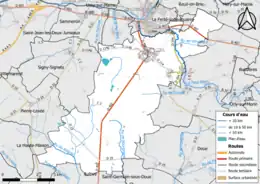 Carte en couleur présentant le réseau hydrographique de la commune