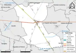 Carte en couleur présentant le réseau hydrographique de la commune