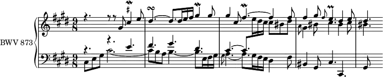 
\version "2.18.2"
\header {
  tagline = ##f
}

Mordcisq    = { \tag #'print { cis4^\mordent^\markup { \teeny \sharp } } \tag #'midi { cis32 bis cis16~ cis8 }  }
Mordgq      = { \tag #'print { gis4\mordent } \tag #'midi { gis32 fis gis16~ gis8 }  }
Mordfisqp   = { \tag #'print { fis4.~\mordent } \tag #'midi { fis32 e fis16~ fis4 }  }

Turndisqp   = { \tag #'print { dis4.~\turn } \tag #'midi { e32 dis b dis~ dis4~ }  }

Pralleq   = { \tag #'print { e4.\prall } \tag #'midi { \times 2/3 { e16 fis e~ } e4 }  }

upper = \relative c' {
  \clef treble 
  \key cis \minor
  \time 9/8
  \tempo 4. = 52
  \set Staff.midiInstrument = #"harpsichord" 

   %% PRÉLUDE CBT II-4, BWV 873, ut-dièse mineur
   
   << { r4. r8 r8 gis'8 \once \override TextScript.script-priority = #-100 \Mordcisq e8 \Turndisqp dis8. dis16 e fis \Mordgq gis8 gis4 cis,8 \Mordfisqp fis4 fis8 fis4 gis8 \grace fis8 \Pralleq dis4 e8 dis4. } \\ { s4.*3*3 \grace a8 gis4 bis8 cis4. bis4 cis8 bis4.  } >> % r4. r8r8 gis8 | a4. r4. r8 r8 a8 gis4. \stemUp \change Staff = "lower" r8 r8 gis,8 cis4 \stemDown \change Staff = "upper" e8 | dis4.~
}

lower = \relative c {
  \clef bass 
  \key cis \minor
  \time 9/8
  \set Staff.midiInstrument = #"harpsichord" 
    
   << { r4. r4. e'4. fis gis dis cis~ cis8.  \stemDown \change Staff = "upper"  e'16 dis cis cis8 bis dis } \\ { cis,,8 e gis cis2.~  cis8 b a b4.~ b8. e,16 fis gis \grace gis8 a4.~ a8. gis16 fis e dis4 fis8 \stemUp bis,4 gis8 cis4. cis, | gis'8 } >>
    
} 

 thePianoStaff = \new PianoStaff <<
    \set PianoStaff.instrumentName = #"BWV 873"
    \new Staff = "upper" \upper
    \new Staff = "lower" \lower
  >>
\score {
  \keepWithTag #'print \thePianoStaff
  \layout {
    \context {
      \Score
      \remove "Metronome_mark_engraver"
      %\override SpacingSpanner.common-shortest-duration = #(ly:make-moment 1/3) 
    }
  }
}

\score {
  \keepWithTag #'midi \thePianoStaff
  \midi { }
}
