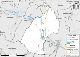 Carte en couleur présentant le réseau hydrographique de la commune