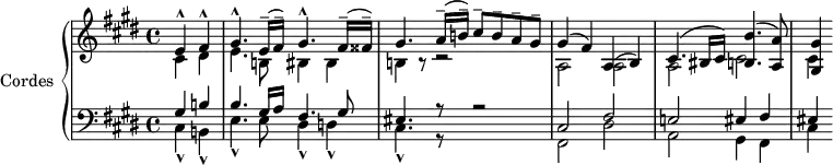 \version "2.14.2"
\header {
tagline = ##f
}
upper = \relative c' {
\clef treble
\key cis \minor
\time 4/4
\tempo 4 = 50
\set Score.currentBarNumber = #4
\set Staff.midiInstrument = #"string ensemble 1"
%\autoBeamOff
\partial 2
<< { e4-^ fis-^ gis4.-^ e16--( fis--) gis4.-^ fis16--( fisis--) gis4. a16--( b!--) cis8-- b-- a-- gis-- } \\ { cis,4 dis e4. b!8 bis4 bis b! r8 r2} >>
<< { gis'4( fis) a,( b) cis4.( bis16 cis) < b' b, >4.( < a a, >8) < gis gis, >4 } \\ { a,2 a a cis cis4 } >>
}
lower = \relative c' {
\clef bass
\key cis \minor
\time 4/4
\set Staff.midiInstrument = #"string ensemble 1"
<< { gis4 b! b4. gis16 a fis4. gis8 eis4. r8 r2 } \\ { cis4-^ b!-^ e4.-^ e8 dis4-^ d!-^ cis4.-^ r8 } >>
<< { cis2 fis e! eis4 fis eis } \\ { fis,2 dis' a gis4 fis cis' } >>
}
\score {
\new PianoStaff <<
\set PianoStaff.instrumentName = #"Cordes"
\new Staff = "upper" \upper
\new Staff = "lower" \lower
>>
\layout {
\context {
\Score
\remove "Metronome_mark_engraver"
}
}
\midi { }
}