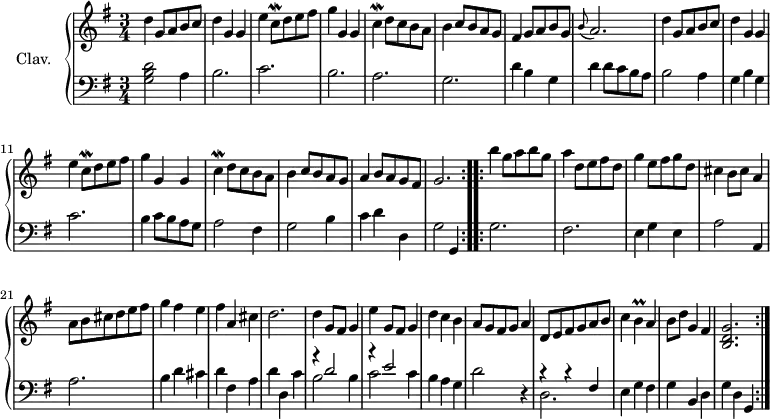 \version "2.18.2"
\header {
tagline = ##f
% composer = "Christian Petzold"
% opus = ""
% meter = "Menuet"
}
%% les petites notes
trillCq = { \tag #'print { c8\mordent } \tag #'midi { c32 b c~ c } }
trillC = { \tag #'print { c4\mordent } \tag #'midi { c32 b c16~ c8 } }
trillDq = { \tag #'print { d8\mordent } \tag #'midi { d32 c d~ d } }
graceBA = { \tag #'print { \grace b8( a2.) } \tag #'midi { b4 a2 } }
trillB = { \tag #'print { b4\prall } \tag #'midi { c32 b c b~ b8 } }
upper = \relative c'' {
\clef treble
\key g \major
\time 3/4
\tempo 2 = 72
\repeat volta 2 {
% Menuet en sol majeur (BWV Anh 114)
d4 g,8 a b c | d4 g, g | e' \trillCq d8 e fis | g4 g, g | \trillC d8 c8 b a | b4 c8 b a g | fis4 g8 a b g | \graceBA |
% ms. 9
d4 g,8 a b c | d4 g, g | e' \trillCq d8 e fis | g4 g, g | \trillC d8 c b a | b4 c8 b a g | a4 b8 a g \tempo 2 = 62 fis | \tempo 2 = 52 g2. \tempo 2 = 72 }%repet
% ms. 17
\repeat volta 2 {
b'4 g8 a b g | a4 d,8 e fis d | g4 e8 fis g d | cis4 b8 cis a4 | a8 b cis d e fis | g4 fis e | fis a, cis | d2. |
% ms. 25
d4 g,8 fis g4 | e' g,8 fis g4 | d'4 c b | a8 g fis g a4 | d,8 e fis g a b | c4 \trillB a4 | b8 d g,4 \tempo 2 = 62 fis | \tempo 2 = 52 < b, d g >2. \tempo 2 = 72 }%repet
}
lower = \relative c' {
\clef bass
\key g \major
\time 3/4
\repeat volta 2 {
% ************************************** \appoggiatura a16 \repeat unfold 2 { } \times 2/3 { } \omit TupletNumber
< g b d >2 a4 | b2. | c | b | a | g | d'4 b4 g4 | d'4 d8 c b a |
% ms. 9
b2 a4 | g4 b g | c2. | b4 c8 b a g | a2 fis4 | g2 b4 | c4 d4 d, | g2 g,4 }%repet
% ms. 17
\repeat volta 2 {
g'2. | fis | e4 g e | a2 a,4 | a'2. | b4 d cis | d fis, a | d d, c'~
% ms. 25
<< { r4 d2 | r4 e2 } \\ { b2 b4 | c2 c4 } >> | b4 a g | d'2 r4 | << { r4 r4 fis,4 }\\ { d2. } >> | e4 g fis | g b, d | g d \tempo 2 = 22 g, \tempo 2 = 72 }%repet
}
thePianoStaff = \new PianoStaff <<
\set PianoStaff.instrumentName = #"Clav."
\new Staff = "upper" \upper
\new Staff = "lower" \lower
>>
\score {
\keepWithTag #'print \thePianoStaff
\layout {
#(layout-set-staff-size 17)
\context {
\Score
\override TupletBracket.bracket-visibility = ##f
\override SpacingSpanner.common-shortest-duration = #(ly:make-moment 1/2)
\remove "Metronome_mark_engraver"
}
}
}
\score {
\unfoldRepeats
\keepWithTag #'midi \thePianoStaff
\midi { \set Staff.midiInstrument = #"harpsichord" }
}