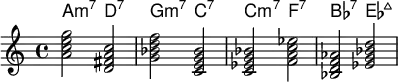 <<
    \new ChordNames \chordmode {
  a2:m7 d:7 g:m7 c:7 c:m7 f:7 bes:7 es:maj
  }
  \new Staff \relative c''{
<a c e g> < d, fis a c > <g bes d f> <c, e g bes> <c ees g bes> <f a c ees> <bes, d f aes> < ees g bes d> }

  >>