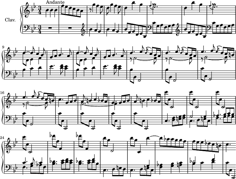 
\version "2.18.2"
\header {
  tagline = ##f
}

%% les petites notes
trillAesq     = { \tag #'print { aes8\prall } \tag #'midi { bes32 aes bes aes } }
trillEesAppo  = { \tag #'print { \appoggiatura f4 ees2.\prall } \tag #'midi { f4 f32 ees f ees~ ees8~ ees4 } }

upper = \relative c'' {
  \clef treble 
  \key bes \major
  \time 3/4
  \tempo 4. = 72
  \set Staff.midiInstrument = #"harpsichord"

      s8*0^\markup{Andante}
      bes4 bes bes | f'8 ees d c bes a | r8 g'4 f ees8 | d g4 f ees8 | \repeat unfold 2 { d4 bes' g |
      % ms. 6
      \trillEesAppo } | \repeat unfold 2 { << { d4~ d8 c4 bes8 | g a bes4. a8 } \\ { d8 d, ees4 f } >> } |
      % ms. 13
      \repeat unfold 2 { << { d'4. ees8 \acciaccatura d8 c8 bes16 a } \\ { r8 f2~ f8  } >> } |
      % ms. 15
      \repeat unfold 2 { << {  ees'4. f8 \acciaccatura ees8 d8 c16 b } \\ { r8 g2~ g8 } >> } | c4. g8 a bes  |
      % ms. 18
      << { a8 b4 c bes16 a | g4. g8 a bes } \\ { f2.~ | f4 } >> | a8 b4 c bes16 a | \repeat unfold 4 { c'8 c, c,2 } |
      % ms. 25
      \repeat unfold 2 { des''8 f, f,4 s4 } | bes'8 g d,2 | bes''8 g c,,4 bes''4~ |
      % ms. 29
      bes8 aes aes g g f | f ees ees des c b | c4.

}

lower = \relative c' {
  \clef bass
  \key bes \major
  \time 3/4
  \set Staff.midiInstrument = #"harpsichord"

    % **************************************
      R2.*2 |   \clef treble \repeat unfold 2 { bes'4 a g } | \repeat unfold 2 { \clef treble bes8 f g d ees bes |   \clef bass c8 g a f g a  } |
      % ms. 9
      \repeat unfold 2 { bes4 c d | ees4. < d f >8 < c ees >4 }
      % ms. 13
      \repeat unfold 2 { bes8 bes, f2 } | \repeat unfold 2 { c''8 c, g2 } | \repeat unfold 4 { c'8 c, c,2 } |
      % ms. 21
      c'4. < d f >8 < e g > < f a > | << { g2  g4 | aes4. bes8 c bes } \\ { c,4. d8 e c | f4. g8 aes g } >>
      % ms. 24
      << { c4. bes8 c4 } \\ { f,4. g8 aes f } >> | < bes des >4. < c ees >8 < des f > < c ees > | << { s2 f4 s2. s2 g,4 } \\ { < bes des >4. < c ees >8 des bes | c,4. d8 e d | c4. d8 e c } >>
      % ms. 29
      < f aes >4 < g bes > < a c > | << { des2 f4 } \\ { bes,4 c des } >> | c8 c, c,2*1/4

}

thePianoStaff = \new PianoStaff <<
    \set PianoStaff.instrumentName = #"Clav."
    \new Staff = "upper" \upper
    \new Staff = "lower" \lower
  >>

\score {
  \keepWithTag #'print \thePianoStaff
  \layout {
      #(layout-set-staff-size 17)
    \context {
      \Score
     \override SpacingSpanner.common-shortest-duration = #(ly:make-moment 1/2)
      \remove "Metronome_mark_engraver"
    }
  }
}

\score {
  \keepWithTag #'midi \thePianoStaff
  \midi { }
}
