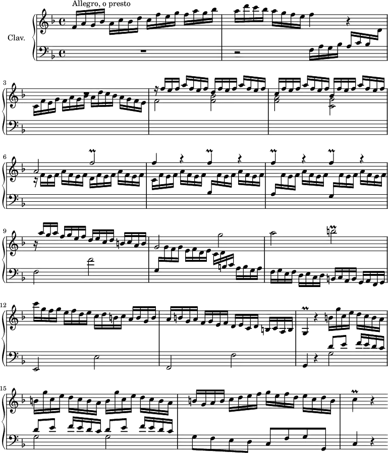 
\version "2.18.2"
\header {
  tagline = ##f
  % composer = "Domenico Scarlatti"
  % opus = "K. 445"
  % meter = "Allegro, o presto"
}

%% les petites notes
trillFbUp      = { \tag #'print { f'2\prall } \tag #'midi { g32 f g f~ f8~ f4 } }
trillF         = { \tag #'print { f4\prall } \tag #'midi { g32 f g f~ f8 } }
trillBb        = { \tag #'print { b2\prall } \tag #'midi { c32 b c b~ b8~ b4 } }
trillG         = { \tag #'print { g4\prall } \tag #'midi { a32 g a g~ g8 } }
trillC         = { \tag #'print { c4\prall } \tag #'midi { d32 c d c~ c8 } }

upper = \relative c'' {
  \clef treble 
  \key f \major
  \time 4/4
  \tempo 4 = 126
  \set Staff.midiInstrument = #"harpsichord"
  \override TupletBracket.bracket-visibility = ##f

      s8*0^\markup{Allegro, o presto}
      f,16 a g bes a c bes \stemDown \change Staff = "upper"  d | c16 f e g f a g bes a d c bes a g f e | f4 r4 
      % ms. 3
      R1 | \stemUp r16 f16 e f a f e f d f e f a f e f |
      % ms. 5
      c16 f e f a f e f bes, f' e f a f e f | a,2 \trillFbUp | f4 r4 \repeat unfold 3 { \trillF r4 } |
      % ms. 9
      r16 a16 g a f g e f d e c d b c a b | \stemNeutral g2 g' |
      % ms. 11
      a2 \trillBb | c16 g f g e f d e c d b c a b g b | a b g a f g e f d e c d b c a b |
      % ms. 14
      \trillG r4 \repeat unfold 3 { b'16 g' c, e d c b a } | b g a b c d e f g e f d e c d b |
      % ms. 17
      \trillC r4 

}

lower = \relative c' {
  \clef bass
  \key f \major
  \time 4/4
  \set Staff.midiInstrument = #"harpsichord"
  \override TupletBracket.bracket-visibility = ##f

    % ************************************** \appoggiatura a16  \repeat unfold 2 {  } \times 2/3 { }   \omit TupletNumber 
      R1 | r2 | f,16 a g bes a c bes \stemDown \change Staff = "upper"  d | 
      % ms. 3
      c16 f e g f a g bes a d c bes a g f e | f2 < f bes >
      % ms. 5
      < f a >2 < c g' > | r16 f16 e f a f e f d f e f a f e f | c f e f a f e f \stemUp \change Staff = "lower" bes, \stemDown \change Staff = "upper" f' e f a f e f | \stemUp \change Staff = "lower" 
      % ms. 8
      a,16 \stemDown \change Staff = "upper" f' e f a f e f \stemUp \change Staff = "lower"  g, \stemDown \change Staff = "upper" f' e f a f e f | \stemNeutral \change Staff = "lower" f,2 f' | g,16 \stemDown \change Staff = "upper" g' f g e f d e c d \stemUp \change Staff = "lower"  b c \stemNeutral a b g a |
      % ms. 11
      f16 g e f d e c d b c a b g a f g | e2 e' | f, f' |
      % ms. 14
      g,4 r4 \repeat unfold 3 { << { d''8 e f16 e d c } \\ { g2 } >> } | g8 f e d c f g g, |
      % ms. 17
      c4 r4

}

thePianoStaff = \new PianoStaff <<
    \set PianoStaff.instrumentName = #"Clav."
    \new Staff = "upper" \upper
    \new Staff = "lower" \lower
  >>

\score {
  \keepWithTag #'print \thePianoStaff
  \layout {
      #(layout-set-staff-size 17)
    \context {
      \Score
     \override SpacingSpanner.common-shortest-duration = #(ly:make-moment 1/2)
      \remove "Metronome_mark_engraver"
    }
  }
}

\score {
  \keepWithTag #'midi \thePianoStaff
  \midi { }
}
