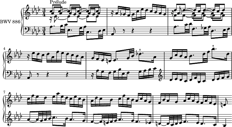 
\version "2.18.2"
\header {
  tagline = ##f
}

upper = \relative c'' {
  \clef treble 
  \key aes \major
  \time 3/4
  \tempo 4 = 66
  \set Staff.midiInstrument = #"harpsichord" 

   %% PRÉLUDE CBT II-7, BWV 876, mi bémol majeur
   << {
     \override Beam #'positions = #'( 3.5 . 3.5 )
     s1*0-\markup{Prélude} c8 c~ c[ c~] c c |
     \revert Beam #'positions
   } \\ {
     r16 ees,8.~ ees8[ ees~] ees ees |
   } \\ {
     \override Beam #'positions = #'( 2.5 . 2.5 )
     aes8 aes~ aes16 g aes8~ aes16 g aes8 |
     \revert Beam #'positions
   } >>
   r16 aes16 ges f ges c ees des c bes aes ges |
   << {
     des'8 des~ des16 c des8~ des16 c des8
   } \\ {
     f,8 f~ f[ f~] f f
   } \\ {
     \once \override NoteColumn.X-offset = #-1.2 b16\rest aes8.~ \stemDown aes8[ aes~] aes aes
   } >>
   r16 ees'16 des c des aes f' ees des c bes aes | g f ees d ees8. g32 bes des!8.-! aes16 g c bes aes bes8. des32 f bes8.-! des,16 | c f ees des ees aes ees des c ees c bes | aes des c bes c f c bes aes c aes g | f bes aes g aes c aes g f aes f ees | d8
 
}

lower = \relative c' {
  \clef bass 
  \key aes \major
  \time 3/4
  \set Staff.midiInstrument = #"harpsichord" 
    
   aes8. bes32 c ees,8. g32 aes c,8. des32 ees aes,8 r8 r4 r4 |
   aes'8. c32 des f,8. ges32 aes des,8. ees32 f | aes,8 r8 r4 r4 |
   r16 aes'16 g f g bes ees, f g aes bes c   \clef treble   des ees des c des f bes, c des ees f g |
   aes8~ aes32 g aes bes c8. bes16 aes8. g16 | f8~ f32 e f g aes8. g16 f8. ees16 d8~ d32 c d ees f8. ees16 d8. c16 | bes4~ 
} 

\score {
  \new PianoStaff <<
    \set PianoStaff.instrumentName = #"BWV 886"
    \new Staff = "upper" \upper
    \new Staff = "lower" \lower
  >>
  \layout {
    \context {
      \Score
      \remove "Metronome_mark_engraver"
      \override SpacingSpanner.common-shortest-duration = #(ly:make-moment 1/2)
    }
  }
  \midi { }
}
