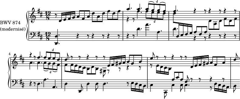 
\version "2.18.2"
\header {
  tagline = ##f
}

%% PRÉLUDE CBT II-5, BWV 874, ré majeur

upper = \relative c' {
  \clef treble 
  \key d \major
  \tempo 4. = 84
  \set Staff.midiInstrument = #"harpsichord" 

  \time 12/8

  r8 d16 e fis g a8 fis a d a d fis d fis |
  << {
    a4. a \tuplet 4/6 { a8[( g) g( fis)] } | fis4. r4 r8 r4 r8 r4 r8 |
    r4 r8 fis4. \tuplet 4/6 { fis8[ e e d] } | d8 r r r4 r8 r8 e,16[ fis gis a] b8 gis b |
    e8 r r r4 r8 r8 d,16 e fis gis a8 fis a | d8.
  } \\ {
    r4 r8 fis4. \tuplet 4/6 { fis8[ e e d] } |
    d \stemUp \change Staff = "lower" d,,16 e fis g a8 fis a \stemDown \change Staff = "upper" d a d fis d fis |
    a4. a \tuplet 4/6 { a8[( g) g( fis)] } | fis fis16 e d cis b8 d b gis8 r8 r8 r4 r8 |
    r8 e'16 d cis b \stemUp \change Staff = "lower" \voiceOne a8 cis a fis8 r8 r8 r4 r8 |
  } >>
}

lower = \relative c {
  \clef bass 
  \key d \major
  \time 12/8
  
  \set Staff.midiInstrument = #"harpsichord" 
  
  <d d,>4. r4 r8 r4 r8 r4 r8 | r4 r8 d'4. a' a, | d r4 r8 r4 r8 r4 r8 | \break
  r4 r8 d,4. a' a, | d4 d,8 d'4 d8 d4. r8 \stemDown e16 d cis b |
  \voiceTwo cis4 cis,8 cis'4 cis8 cis4. r8 d16 cis b a |
  b8
} 

\score {
  \new PianoStaff <<
    \set PianoStaff.instrumentName = \markup { \column { "BWV 874" "(modernisé)" } }
    \new Staff = "upper" \upper
    \new Staff = "lower" \lower
  >>
  \layout {
    \context {
      \Score
      \remove "Metronome_mark_engraver"
      \override SpacingSpanner.common-shortest-duration = #(ly:make-moment 1/2)
    }
  }
  \midi { }
}
