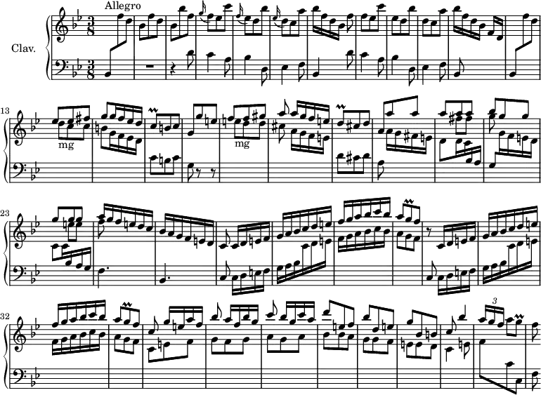 
\version "2.18.2"
\header {
  tagline = ##f
  % composer = "Domenico Scarlatti"
  % opus = "K. 155"
  % meter = "Allegro"
}

%% les petites notes
trillCq       = { \tag #'print { c8\prall  } \tag #'midi { d32 c d c } }
trillGq       = { \tag #'print { g8\prall  } \tag #'midi { a32 g a g } }
trillDq       = { \tag #'print { d8\prall  } \tag #'midi { e32 d e d } }

upper = \relative c'' {
  \clef treble 
  \key bes \major
  \time 3/8
  \tempo 4. = 76
  \set Staff.midiInstrument = #"harpsichord"
  \override TupletBracket.bracket-visibility = ##f

      s8*0^\markup{Allegro}
      s4. | bes8 f' d | bes bes' f | \appoggiatura g16 f8 ees c' | \appoggiatura f,16 ees8 d bes' | \appoggiatura ees,16 d8 c a' |
      % ms. 7
      bes16[ f d bes] f'8 | f ees c' | ees, d bes' | d, c a' | bes16  f d bes f[ d] | s4. | \stemUp 
      % ms. 13
      ees'8 ees fis | g8 g16 f ees d | \trillCq b8 c | g g' e | f f gis  | a a16[ g f e] | 
      % ms. 19
      \trillDq cis8 d | a a' a | << { a8 a a | bes g g | g g g | a16 g f e d c } \\ { s8 fis fis | g s4 | s8 e8 e | f } >>
      % ms. 25
      bes,16 a g f e d | c8  c16[ d e f] | g a bes c d e | f g a bes c bes | a8 \trillGq f8 | r8  c,16[ d e f] |
      % ms. 31
      g16 a bes c d e | f g a bes c bes | a8 \trillGq f8 | c8 g'16[ e a f] | bes8 a16[ f bes g] | c8 bes16[ g c a] |
      % ms. 37
      d8 e, f | bes d, e | g bes, b | c bes'4 | \times 2/3 { a16[ g f] } \stemDown a8 \trillGq | f8 

}

lower = \relative c' {
  \clef bass
  \key bes \major
  \time 3/8
  \set Staff.midiInstrument = #"harpsichord"
  \override TupletBracket.bracket-visibility = ##f

    % **************************************
      bes,8 \stemDown \change Staff = "upper" f''' d | \stemNeutral \change Staff = "lower" R4. | r4 d,8 | c4 a8 | bes4 d,8 | ees4 f8 |
      % ms. 7
      bes,4 d'8 | c4 a8 | bes4 d,8 | ees4 f8 | bes,8 s4 | bes8 \stemDown \change Staff = "upper" f''' d | 
      % ms. 13
      d8-\markup{mg} c c | b g16 f ees d | \stemNeutral \change Staff = "lower" c8 b c | g r8 r8 | \stemDown \change Staff = "upper" e''8-\markup{mg} d d | cis a16[ g f e] | \stemNeutral \change Staff = "lower"
      % ms. 19
      d8 cis d | a8 \stemDown \change Staff = "upper"  a'16[ g fis e] | d8 d16 c \stemUp \change Staff = "lower" bes a | g8 \stemDown \change Staff = "upper" g'16 f e d | c8 c16 \stemUp \change Staff = "lower" bes a g | \stemNeutral f4. |
      % ms. 25
      bes,4. | \repeat unfold 2 { \stemNeutral \change Staff = "lower" c8 c16[ d e f] | g a bes \stemDown \change Staff = "upper" c d e | f g a  bes c bes | a8 g f } | c8 e f | g f g  | a g a | bes bes a | g g f | e e d | c4 e8 | f \change Staff = "lower" c c, | f

}

thePianoStaff = \new PianoStaff <<
    \set PianoStaff.instrumentName = #"Clav."
    \new Staff = "upper" \upper
    \new Staff = "lower" \lower
  >>

\score {
  \keepWithTag #'print \thePianoStaff
  \layout {
      #(layout-set-staff-size 17)
    \context {
      \Score
     \override SpacingSpanner.common-shortest-duration = #(ly:make-moment 1/2)
      \remove "Metronome_mark_engraver"
    }
  }
}

\score {
  \keepWithTag #'midi \thePianoStaff
  \midi { }
}
