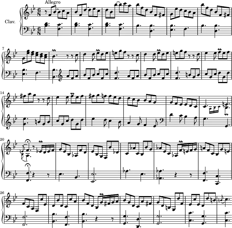 
\version "2.18.2"
\header {
  tagline = ##f
  % composer = "Domenico Scarlatti"
  % opus = "K. 172"
  % meter = "Allegro"
}

%% les petites notes
trillEesq      = { \tag #'print { ees8\prall } \tag #'midi { f32 ees f ees } }
trillBesp      = { \tag #'print { bes4.\prall } \tag #'midi { c32 bes c bes~ \tempo 4. = 60 bes4 \tempo 4. =82  } }
trillFqqUp     = { \tag #'print { f'16\prall } \tag #'midi { \times 2/3 { f32 g f } } }
trillEesqqUp   = { \tag #'print { ees'16\prall } \tag #'midi { \times 2/3 { ees32 f ees } } }
trillGqqUp     = { \tag #'print { g'16\prall } \tag #'midi { \times 2/3 { g32 a g } } }
appoEFp        = { \tag #'print { \appoggiatura e8 f4.\fermata } \tag #'midi { e4   \tempo 4. = 40 f8   \tempo 4. = 82 } }
appoBesAp      = { \tag #'print { \appoggiatura bes8 a4. } \tag #'midi { bes4   \tempo 4. = 40 a8   \tempo 4. = 82 } }
appoBCp        = { \tag #'print { \appoggiatura b8 c4. } \tag #'midi { b4   \tempo 4. = 40 c8   \tempo 4. = 82 } }
trillFq        = { \tag #'print { f8\prall } \tag #'midi { g32 f g f } }

upper = \relative c'' {
  \clef treble 
  \key bes \major
  \time 6/8
  \tempo 4. = 82
  \set Staff.midiInstrument = #"harpsichord"
  \override TupletBracket.bracket-visibility = ##f

      s8*0^\markup{Allegro}
      r8 f, bes~ bes c a | bes f d'~ d ees c | d bes bes'~ bes c a | bes f d bes f fis |
      % ms. 5
      g8 ees' d c bes a | bes' f d bes f fis | g < ees' g > < d f > < c ees > < bes d > < a c > | \trillBesp r8 r8 \repeat unfold 2 { c8 | d4 d8 \trillEesq d8 ees |
      % ms. 10
      e8 g f r8 r8 } d8 | ees4 ees8 \trillFq ees8 f | fis a g r8 r8 d8 |
      % ms. 15
      ees4 ees8 \trillFq ees8 f | fis g f f ees d | d c bes bes a g | g f ees ees d c |
      % ms. 19
      c4. << { e4. | \appoEFp } \\ { \grace {   \tempo 4. = 40 a,16 bes c } \tempo 4. = 82 \stemDown \trillBesp | \stemDown \appoBesAp } >>
      r8 \trillEesqqUp d16 ees f | g8 ees bes aes f' d | ees bes g f bes' des, | c aes' c, bes bes' g |
      % ms. 24
      aes8 ees c aes \trillFqqUp e!16 f g | a!8 f c bes g' e! | f c a f c'' ees, | d bes' d, c c' a | bes f d bes \trillGqqUp fis16 g a |
      % ms. 29
      bes8 g d c a' fis | g d b! g d'' f, | ees c' ees, d d' b! | \appoBCp 

}

lower = \relative c' {
  \clef bass
  \key bes \major
  \time 6/8
  \set Staff.midiInstrument = #"harpsichord"
  \override TupletBracket.bracket-visibility = ##f

    % ************************************** \appoggiatura a16  \repeat unfold 2 {  } \times 2/3 { }   \omit TupletNumber 
      \repeat unfold 3 { < bes d >4. < f c' > } | \repeat unfold 2 { bes4. < d, bes' >
      % ms. 5
      < ees bes' >4. f } | < bes, bes' >4.   \clef treble \repeat unfold 2 { a''8 f a | bes f bes c f, c' |
      % ms. 10
      < f, d' >4. } b8 g b | c g c d g, d' | < g, ees' >4. b8 g b |
      % ms. 15
      c g c d g, d' | ees4 d8 c4 bes8 | a4 g8 f4 ees8 \clef bass | d4 c8 bes4 a8 |
      % ms. 19
      g4. g, | < f f' >4.\fermata r4 r8 | ees'4. bes | < ees, ees' >2.  | aes'4. ees |
      % ms. 24
      < aes, aes' >4. r4 r8 | < f f' >4. < c c' > | < f f' >2. | < bes bes' >4. < f f' > | < bes bes' > r4 r8 |
      % ms. 29
      < g g' >4. < d d' > | < g g' >2. | < c c' >4. < g g' > | < c c' >

}

thePianoStaff = \new PianoStaff <<
    \set PianoStaff.instrumentName = #"Clav."
    \new Staff = "upper" \upper
    \new Staff = "lower" \lower
  >>

\score {
  \keepWithTag #'print \thePianoStaff
  \layout {
      #(layout-set-staff-size 17)
    \context {
      \Score
     \override SpacingSpanner.common-shortest-duration = #(ly:make-moment 1/2)
      \remove "Metronome_mark_engraver"
    }
  }
}

\score {
  \keepWithTag #'midi \thePianoStaff
  \midi { }
}
