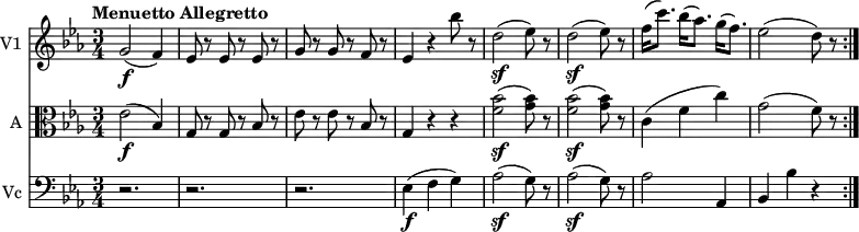 
<< \new Staff \with { instrumentName = #"V1 "}  
     \relative c'' {
    \version "2.18.2"
    \key ees \major 
    \tempo "Menuetto Allegretto"
    \time 3/4
    \tempo 4 = 140
  g2\f (f4) 
  ees8 r ees r ees r
  g r g r f r
  ees4 r bes''8 r
  d,2\sf (ees8) r
  d2\sf (ees8) r
  f16 (c'8.) bes16 (aes8.) g16 (f8.)
  ees2 (d8) r \bar ":|."
}
\new Staff \with { instrumentName = #"A "} \relative c' {
    \key ees \major 
    \clef "alto"
    ees2\f (bes4) 
  g8 r g r bes r
  ees r ees r bes r
  g4 r  r
  <f' bes>2\sf  (<g bes>8) r
  <f bes>2\sf  (<g bes>8) r
  c,4 (f c')
  g2 (f8) r8   
 }
 \new Staff \with { instrumentName = #"Vc "} \relative c' {
    \key ees \major 
    \clef "bass"
    r2. r2. r2. 
    ees,4\f (f g)
    aes2\sf (g8) r
    aes2\sf (g8) r
    aes2 aes,4
    bes4 bes' r
 } 
>>
