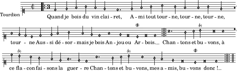 \relative d' {
\defineBarLine ";||;" #'(";||;=" #f ";||;")
\autoBeamOff
\override NoteHead.style = #'petrucci
\clef "mensural-c1"
\key a \minor
\set Score.tempoHideNote = ##t \tempo 1. = 136
\set suggestAccidentals = ##t
\override Staff.AccidentalSuggestion.font-size = #-4
\override Staff.AccidentalSuggestion.parenthesized = ##t
\override Staff.TimeSignature.style = #'mensural \time 2/2 \bar"|"
\grace { s1 \bar "" s1 }
\override Staff.TimeSignature.style = #'single-digit \time 3/1
\repeat volta 2 { \cadenzaOn
d2 e f g f e \bar ""
d1. e2 f g \bar ""
a g f f g e \bar ""
f1 e2 d c1 \bar ""
d2 e f g f e \bar ""
d1 f e \bar ""
d\breve cis!1 \bar ""
d\breve d1 } \bar ";||;" \noBreak \repeat volta 2 {
a'1. g2 a bes! \bar ""
a\breve a1 \bar ""
c2 bes! a g f e \bar ""
f1. e2 d1 \bar ""
a'1. g2 a bes! \bar ""
a1 g2 f e1 \bar ""
d\breve cis!1
d\breve d1 \cadenzaOff } \bar ";||;"
}
\addlyrics { \override LyricHyphen #'minimum-distance = #2.0
Quand je bois du vin clai -- ret,
A -- mi tout tour -- ne, tour -- ne, tour -- ne, tour -- _ _ ne
Aus -- si dé -- sor -- mais je bois
An -- jou ou Ar -- bois. __ _
Chan -- tons et bu -- vons, à ce fla -- con fai -- sons la guer -- _ re
Chan -- tons et bu -- vons, mes a -- mis, bu -- vons donc_! __ _
}
\layout { indent = 15\mm tagline = ##f \set Staff.instrumentName = \markup { \vspace #3 "Tourdion" } \context { \Staff \consists "Custos_engraver" \override Custos.style = #'hufnagel } }