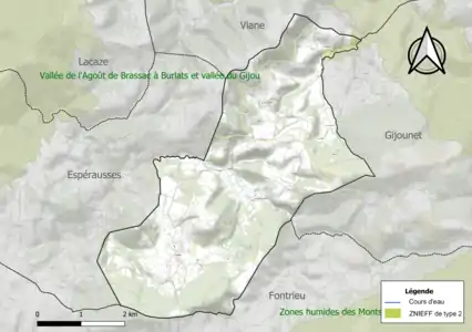 Carte de la ZNIEFF de type 2 sur la commune.