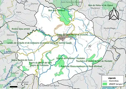 Carte des ZNIEFF de type 1 sur la commune.