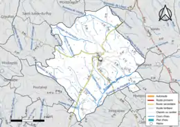 Carte en couleur présentant le réseau hydrographique de la commune