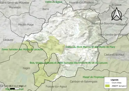 Carte de la ZNIEFF de type 2 sur la commune.
