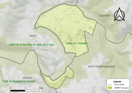 Carte de la ZNIEFF de type 2 sur la commune.