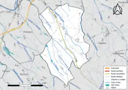 Carte en couleur présentant le réseau hydrographique de la commune