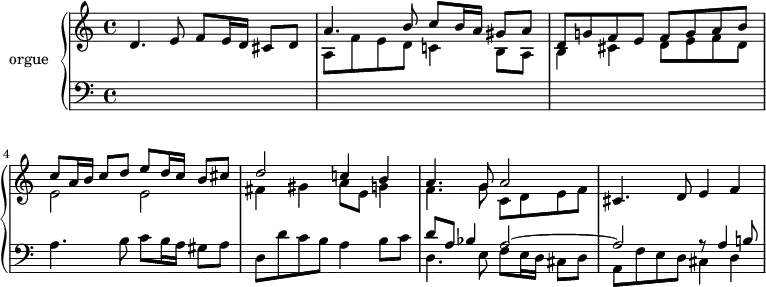 
\version "2.18.2"
\header {
  tagline = ##f
}
upper = \relative c' {
  \clef treble 
  \key c \major
  \time 4/4
  \tempo 4 = 70
  \tempo "Presto"
    \set Staff.midiInstrument = #"recorder"

   %%% Dopo l'Epistola (Canzon)
   d4. e8 f8 e16 d cis8 d
   << { a'4. b8 c8 b16 a gis8 a } \\ { a,8 f' e d c!4 b8 a } >>
   << { d8 g! f e f g a b } \\ { b,4 cis d8 e f d } >>
   %% ms 4
   << { c'8 a16 b c8 d e d16 c b8 cis } \\ { e,2 e } >>
   << { d'2 c!4 b } \\ { fis4 gis a8 e g!4 } >>
   << { a4. g8 a2 } \\ { f4. g8 c, d e f } >> 
   cis4. d8 e4 f
}

lower = \relative c {
  \clef bass
  \key c \major
  \time 4/4
    \set Staff.midiInstrument = #"recorder"

  s1*3 a'4. b8 c8 b16 a gis8 a d, d' c b a4 b8 c
  << { d8 a bes4 a2~ } \\ { d,4. e8 f8 e16 d cis8 d } >>
  << { a'2 r8 a4 b!8 } \\ { a,8 f' e d cis4 d } >>

} 

\score {
  \new PianoStaff <<
    \set PianoStaff.instrumentName = #"orgue"
    \new Staff = "upper" \upper
    \new Staff = "lower" \lower
  >>
  \layout {
    \context {
      \Score
      \remove "Metronome_mark_engraver"
    }
  }
  \midi { }
}
