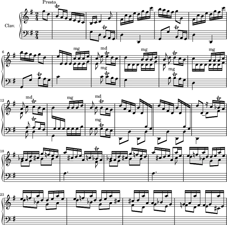 \version "2.18.2"
\header {
tagline = ##f
}
%% les petites notes
trillBq = { \tag #'print { b8\trill } \tag #'midi { c32 b c b } }
trillBqDown = { \tag #'print { b,8\trill } \tag #'midi { c32 b c b } }
trillEq = { \tag #'print { e8\trill } \tag #'midi { fis32 e fis e } }
trillDq = { \tag #'print { d8\trill } \tag #'midi { e32 d e d } }
trillCq = { \tag #'print { c8\trill } \tag #'midi { d32 c d c } }
trillAq = { \tag #'print { a8\trill } \tag #'midi { b32 a b a } }
trillGq = { \tag #'print { g8\trill } \tag #'midi { a32 g a g } }
trillBesqq = { \tag #'print { bes16\trill } \tag #'midi { \times 2/3 { bes32 a bes } } }
upper = \relative c'' {
\clef treble
\key g \major
\time 2/4
\tempo 4 = 90
\set Staff.midiInstrument = #"harpsichord"
\partial 4 s8*0^\markup{Presto}
g'8 d | \trillBq a16 g fis e d c | b c d4 g8 | fis16 c' b e d g fis c' | b a g fis g8 g, |
% ms. 5
fis16 c' b e d g fis c' | b a g fis g8 d | e16 e, e e \stemDown e e e g | \autoBeamOff e8 e'^\markup{md} \autoBeamOn \trillEq d16 c | d16 d, d d \stemDown d d d g |
% ms. 10
\autoBeamOff d8 d' \autoBeamOn \trillDq c16 b | c16 d, d d \stemDown d d d fis | \autoBeamOff d8 c'^\markup{md} \autoBeamOn \trillCq b16 a b16 \stemUp \change Staff = "lower" g,16 g g \stemDown g g g b | \autoBeamOff g8 \change Staff = "upper" b'8^\markup{md} \autoBeamOn \trillBq a16 g |
% ms. 15
\stemUp \repeat unfold 2 { d'16 a fis d b' d, \change Staff = "lower" b g \change Staff = "upper" } | << { s4 r16 c'16 \trillBesqq a16 } \\ { \stemUp d8 d,8~ \stemDown d fis } >> | bes16 a d cis g' f e d | a' cis, d e a, c16 \trillBesqq a16 |
% ms. 20
bes16 a d cis g' f e d | a' cis, d e a,8 a'16 e | \repeat unfold 2 { e f a d, d e a e } | e f a d, d e a cis, |
% ms. 25
cis16 d a' a, a bes a' g, | g a a' f, f g a' e, |
}
lower = \relative c' {
\clef bass
\key g \major
\time 2/4
\set Staff.midiInstrument = #"harpsichord"
% *****************************
s4 | s2 | g8 d | \trillBq a16 g | d'4 d, | g8 g' \trillBqDown a16 g | d'4 d, |
% ms. 6
g8 g' \trillBq a16 g | c4 \stemUp \change Staff = "upper" c'16^\markup{mg} c c e | \autoBeamOff c8 \stemDown \change Staff = "lower" c,8^\markup{mg} \autoBeamOn \trillCq b16 a | g4 \stemUp \change Staff = "upper" b'16^\markup{mg} b b d
% ms. 10
\autoBeamOff b8 \stemDown \change Staff = "lower" b,8^\markup{mg} \autoBeamOn \trillBq a16 g | d4 \stemUp \change Staff = "upper" a''16^\markup{mg} a a c | \autoBeamOff a8 \change Staff = "lower" << { a,8 \autoBeamOn \trillAq g16 fis } \\ { d8 d4 | g,4 } >> \autoBeamOn \stemUp \change Staff = "upper" b''16^\markup{mg} b b d | \autoBeamOff b8 \stemDown \change Staff = "lower" g,8^\markup{mg} \autoBeamOn \trillGq fis16 e |
% ms. 15
\repeat unfold 4 { d,8 d' } | d,4 s4 | \change Staff = "upper" g''8 g bes bes \change Staff = "lower" a,4. \change Staff = "upper" fis'8 |
% ms. 20
g8 g bes bes \change Staff = "lower" a,4. \change Staff = "upper" cis'8 | \repeat unfold 3 { d8 bes g a } |
% ms. 25
fis8 d g e | f d e cis |
}
thePianoStaff = \new PianoStaff <<
\set PianoStaff.instrumentName = #"Clav."
\new Staff = "upper" \upper
\new Staff = "lower" \lower
>>
\score {
\keepWithTag #'print \thePianoStaff
\layout {
#(layout-set-staff-size 17)
\context {
\Score
\override SpacingSpanner.common-shortest-duration = #(ly:make-moment 1/2)
\remove "Metronome_mark_engraver"
}
}
}
\score {
\keepWithTag #'midi \thePianoStaff
\midi { }
}