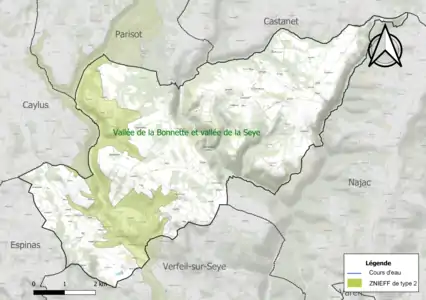 Carte de la ZNIEFF de type 2 sur la commune.