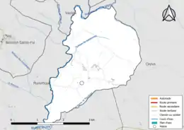 Carte en couleur présentant le réseau hydrographique de la commune