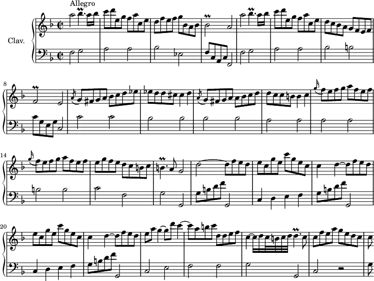 
\version "2.18.2"
\header {
  tagline = ##f
}

%% les petites notes
trillBesp     = { \tag #'print { bes4.\prall } \tag #'midi { c32 bes c bes~ bes4 } }
graceBesb     = { \tag #'print { bes2\prall } \tag #'midi { c32 bes c bes~ bes8~ bes4 } }
graceFb       = { \tag #'print { f2\prall } \tag #'midi { g32 f g f~ f8~ f4 } }
trillBp       = { \tag #'print { b4.\prall } \tag #'midi { c32 b c b~ b4 } }
trillDp       = { \tag #'print { d4.\prall } \tag #'midi { e32 d e d~ d4 } }

upper = \relative c'' {
  \clef treble 
  \key f \major
  \time 2/2
  \tempo 2 = 52
  \set Staff.midiInstrument = #"harpsichord"
  \override TupletBracket.bracket-visibility = ##f

      s8*0^\markup{Allegro} 
      a'2 \trillBesp a16 bes | c8 d e, g f a c, e | d f e f g bes, a bes | \graceBesb a2 |
      % ms. 5
      a'2 \trillBesp a16 bes | c8 d e, g f a c, e | d c bes a g f e f | \graceFb e2|
      % ms. 9
      \acciaccatura a8 g8 fis g a bes c d ees | ees d d cis cis4  d | \acciaccatura a8 g8 fis g a  a bes c d  | d c c b b4 c |
      % ms. 13
      \repeat unfold 2 { \appoggiatura g'16 f8 e f g a f e f } | e g f e d c b c | \trillBp a8 g2 |
      % ms. 17
      d'2~ \repeat unfold 2 { d8 f e d | e c g' e c' g e c | c4 d~ }
      % ms. 21 suite
      d8 f e d | e a g4~ g8 d' c4~ | c8 a b c d, d e f | c4~ c16 d c32 b c d \trillDp c8 |
      % ms. 25
      c8 f e a  g e d c | c8

}

lower = \relative c' {
  \clef bass
  \key f \major
  \time 2/2
  \set Staff.midiInstrument = #"harpsichord"
  \override TupletBracket.bracket-visibility = ##f

    % **************************************
      f,2 g | a a | bes ees, | f8 c a c f,2 |
      % ms. 5
      f'2 g | a a | bes b | c8 g e g c,2 |
      % ms. 9
      c'2 c | bes bes | bes bes | a a |
      % ms. 13
      a2 a | b b | c f, | g g, |
      % ms. 17
      \repeat unfold 2 { g'8 b d f g,,2 | c4 d e f } | g8 b d f g,,2 |
      % ms. 22
      c2 e | f f | g g, |
      % ms. 25
      c2 r2 | g'8

}

thePianoStaff = \new PianoStaff <<
    \set PianoStaff.instrumentName = #"Clav."
    \new Staff = "upper" \upper
    \new Staff = "lower" \lower
  >>

\score {
  \keepWithTag #'print \thePianoStaff
  \layout {
      #(layout-set-staff-size 17)
    \context {
      \Score
     \override SpacingSpanner.common-shortest-duration = #(ly:make-moment 1/2)
      \remove "Metronome_mark_engraver"
    }
  }
}

\score {
  \keepWithTag #'midi \thePianoStaff
  \midi { }
}
