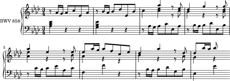 
\version "2.18.2"
\header {
  tagline = ##f
}

Thème  = { r8 aes16 g aes8 c ees, aes | r8 bes16 aes bes8 des ees, bes' }

upper = \relative c'' {
    \clef treble 
    \key aes \major
    \time 3/4
    \tempo 4 = 72
    \set Staff.midiInstrument = #"harpsichord" 

   %% PRÉLUDE CBT I-17, BWV 858, la bémol majeur
   \Thème c4 << { aes'4 r8 ees des4 g r8 g8 aes4 ees r8 ees8 ees aes16 g aes8 f c ees des4 aes' r8 des,8 des bes'16 aes bes8 } \\ { < ees, c >4 r8 c8 bes4 r4 r8 < des bes >8 < ees aes, >4 r4 r8 bes8 aes4 r4 r4 bes4 r4 r8 aes8 g4 r4 } >>
   
}

lower = \relative c' {
    \clef bass 
    \key aes \major
    \time 3/4
    \set Staff.midiInstrument = #"harpsichord" 

    < ees c aes >4 r4 r4  < ees bes g > r4 r4 \relative c' \Thème r8 c16 bes c8 ees aes, c f,4 f' r4 r8 bes,16 aes bes8 des g, bes ees,4 ees'
} 

\score {
  \new PianoStaff <<
    \set PianoStaff.instrumentName = #"BWV 858"
    \new Staff = "upper" \upper
    \new Staff = "lower" \lower
  >>
  \layout {
    \context {
      \Score
      \remove "Metronome_mark_engraver"
    }
  }
  \midi { }
}
