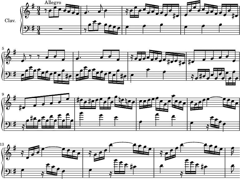 
\version "2.18.2"
\header {
  tagline = ##f
  % composer = "Domenico Scarlatti"
  % opus = "K. 198"
  % meter = "Allegro"
}

%% les petites notes
%trillBesp     = { \tag #'print { bes4.\prall } \tag #'midi { c32 bes c bes~ bes4 } }

upper = \relative c'' {
  \clef treble 
  \key e \minor
  \time 3/4
  \tempo 4 = 92
  \set Staff.midiInstrument = #"harpsichord"
  \override TupletBracket.bracket-visibility = ##f

      s8*0^\markup{Allegro}
      r8 b8 e c b16 a g fis | g4. a8 b4 | r16 b e b c g a fis g e b' dis, |
      % ms. 4
      e16 b' e b c g a fis g e b' dis, | e8 r8 r8 a8 b fis | g4. a8 b fis |
      % ms. 7
      r16 g16 fis g a fis g e fis dis e cis | dis8 fis g a b e, | dis fis g a b e |
      % ms. 10
      dis16 b cis dis e b fis' b, g' d c b | c c d e fis c g c a' c, b a | b g b d e4~ e16 d c a |
      % ms. 13
      r16 d,16 g b e4~ e16 d c a | r16 g16 b d b'4~ b16 a g e | r16 a,16 d fis b4~ b16 a g e | fis s16
      % ms. 17
      

}

lower = \relative c' {
  \clef bass
  \key e \minor
  \time 3/4
  \set Staff.midiInstrument = #"harpsichord"
  \override TupletBracket.bracket-visibility = ##f

    % ************************************** \appoggiatura a16  \repeat unfold 2 {  } \times 2/3 { }   \omit TupletNumber 
      R2. | r8 b8 e c b16 a g fis | \repeat unfold 2 { g4 a b } |
      % ms. 5
      \repeat unfold 2 { e,16 b' e b c g a fis g e b' dis, }
      % ms. 7
      e4 c' a | r16 b,16 dis b e b fis' b, g' b, a' b, | r16 b'16 dis b e b fis' b, g' b, a' b,
      % ms. 10
      b'4 g e | a, a' fis | \repeat unfold 2 { g, r16 e'16 c a fis4 } |
      % ms. 14
      g4 r16 b'16 g e cis4 | d r16 b'16 g e cis4 | d8
      % ms. 17
      

}

thePianoStaff = \new PianoStaff <<
    \set PianoStaff.instrumentName = #"Clav."
    \new Staff = "upper" \upper
    \new Staff = "lower" \lower
  >>

\score {
  \keepWithTag #'print \thePianoStaff
  \layout {
      #(layout-set-staff-size 17)
    \context {
      \Score
     \override SpacingSpanner.common-shortest-duration = #(ly:make-moment 1/2)
      \remove "Metronome_mark_engraver"
    }
  }
}

\score {
  \keepWithTag #'midi \thePianoStaff
  \midi { }
}
