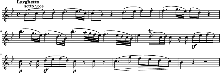 
\relative c'' {
  \version "2.18.2"
  \key bes \major
  \tempo "Larghetto"
  \time 4/4
  \tempo 4 = 55
  bes8. ^\markup {sotto voce} (c16 d8) d-. d4. (ees16. c32)
  c8 (bes) r4 d8. (ees16 f8) f-.
  f4. (g16. ees32) f8 (d) r4
  bes'4. (g16. ees32) f4. (d16. bes32)
  bes'4. (a32 g f ees) f4. (ees32 d c bes)
  ees4 d8. \trill (c32 d) c8 r16 c d \sf (ees f d)
  c8\p r16 c d \sf (ees f d) c8 \p r c r
  c4. \< (g'8 \! f \> ees d c \!)
  bes 4 r r2
}
