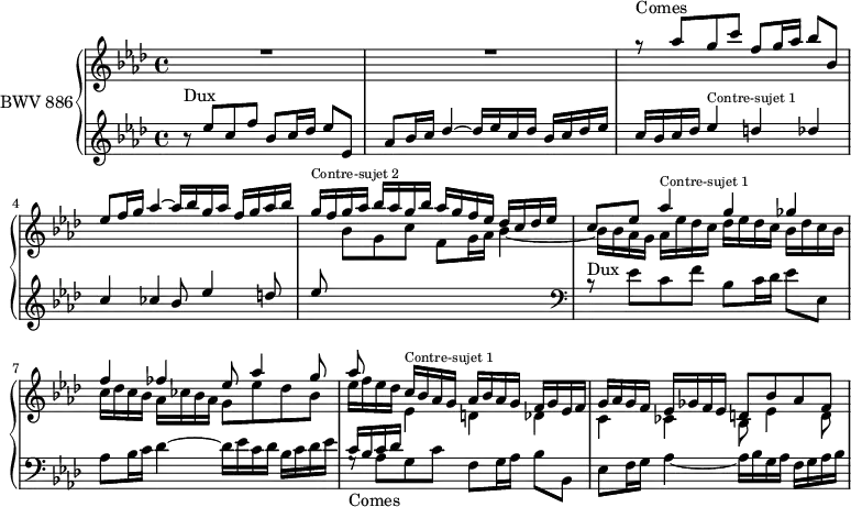 
\version "2.18.2"
\header {
  tagline = ##f
}

Dux          = { b8\rest-\markup{Dux} ees8 c f bes, c16 des ees8 ees, | aes bes16 c des4~ des16 ees c des bes c des ees }
Comes        = { g8\rest-\markup{Comes} aes8 g c f, g16 aes bes8 bes, | ees f16 g aes4~ aes16 bes g aes f g aes bes }
ContreSujetA = { ees4-\markup{\tiny "Contre-sujet 1"} d des | c ces bes8 ees4 d8 }
ContreSujetB = { g16-\markup{\tiny "Contre-sujet 2"} f g aes bes aes g bes aes g f ees des c des ees }

upper = \relative c'' {
  \clef treble 
  \key aes \major
  \time 4/4
  \tempo 4 = 63
  \set Staff.midiInstrument = #"harpsichord" 

   %% FUGUE CBT II-17, BWV 886, la-bémol majeur
   
   << { R1*2 \relative c''' { \Comes  \ContreSujetB c8 ees \transpose ees aes { \relative c'' \ContreSujetA } aes8 } } \\ { s1*4 s8 bes[ g c] f, g16 aes bes4~ bes16 bes aes g aes ees' des c des ees des c bes des c bes | c des c bes aes ces bes aes g8 ees' des bes | ees16 f ees des \stemUp  c bes aes g aes bes aes g f g ees f | g aes g f ees ges f ees d8 bes' aes f } >>
}

lower = \relative c {
  \clef bass 
  \key aes \major
  \time 4/4
  \set Staff.midiInstrument = #"harpsichord" 
   
  << { \clef treble  \relative c'' { \Dux c16 bes c des \ContreSujetA } ees''8 s2.. \clef bass \relative c' { \stemDown \Dux \stemUp c16 bes c des \change Staff = "upper" { \stemDown \ContreSujetA } } } \\ { s1*7 \relative c' { \Comes } } >>
  
    
} 

\score {
  \new PianoStaff <<
    \set PianoStaff.instrumentName = #"BWV 886"
    \new Staff = "upper" \upper
    \new Staff = "lower" \lower
  >>
  \layout {
    \context {
      \Score
      \remove "Metronome_mark_engraver"
      \override SpacingSpanner.common-shortest-duration = #(ly:make-moment 1/2)
    }
  }
  \midi { }
}
