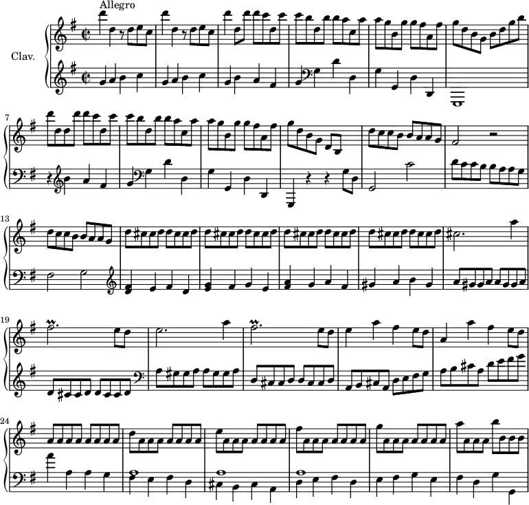 
\version "2.18.2"
\header {
  tagline = ##f
}

%% les petites notes
trillFis = { \tag #'print { fis2.\prall } \tag #'midi { g16 fis g fis~ fis4~ fis4 } }

upper = \relative c'' {
  \clef treble 
  \key g \major
  \time 2/2
  \tempo 2 = 112
  \set Staff.midiInstrument = #"harpsichord"

   s8*0^\markup{Allegro}
   \repeat unfold 2 { d'4 d, r8 d8 e c } | d'4 d,8 d' d c d, c' | c b d, b' b a c, a' | 
   % ms. 5
   a8 g b, g' g fis a, fis' | g d b g b d g b | d d, d d' d c d, c' | c b d, b' b a c, a' | a8 g b, g' g fis a, fis' |
   % ms. 10 
   g8 d b g d b s4 | d'8 c c b b a a g | fis2 r2 | d'8 c c b b a a g | \repeat unfold 4 { d' cis cis d  d cis cis d } | 
   % ms. 18
   cis2. a'4 | \trillFis e8 d | e2. a4 | \trillFis e8 d | e4 a fis e8 d | a4 a' fis e8 d | a \repeat unfold 7 { a } | 
   % ms. 25
   d \repeat unfold 7 { a } | e' \repeat unfold 7 { a, } | fis' \repeat unfold 7 { a, } | g' \repeat unfold 7 { a, } | a' a, a a b' b, b b | 

}

lower = \relative c'' {
  \clef bass
  \key g \major
  \time 2/2
  \set Staff.midiInstrument = #"harpsichord"

    % **************************************
      \clef treble  g4 a b c | g a b c | g b a fis | g  \clef bass g, d' d, | g g, d' d, | g,1 | r4 \clef treble b'''4 a fis | g  \clef bass g,4 d' d, | g g, d' d, |
      % ms. 10
      g,4 r4 r4 g''8 d | g,2 c' | d8 c c b b a a g | fis2 g | \clef treble < d' fis >4 e fis d | 
      % ms. 15
      < e g >4 fis g e | < fis a >4 g a fis | gis a b gis | a8 gis gis a  a gis gis a | d, cis cis d  d cis cis d | 
      % ms. 20 
      \clef bass a8 gis gis a  a gis gis a | d, cis cis d  d cis cis d | a8 b cis a d e fis g | a b cis a d e fis g | a4 a, a g | 
      % ms. 25
      << { a1 a1 a1 } \\ { fis4 e fis d | cis b cis a | d e fis d | e fis g e | fis d g g, } >>

}

thePianoStaff = \new PianoStaff <<
    \set PianoStaff.instrumentName = #"Clav."
    \new Staff = "upper" \upper
    \new Staff = "lower" \lower
  >>

\score {
  \keepWithTag #'print \thePianoStaff
  \layout {
      #(layout-set-staff-size 17)
    \context {
      \Score
     \override SpacingSpanner.common-shortest-duration = #(ly:make-moment 1/2)
      \remove "Metronome_mark_engraver"
    }
  }
}

\score {
  \keepWithTag #'midi \thePianoStaff
  \midi { }
}
