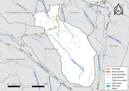 Carte en couleur présentant le réseau hydrographique de la commune