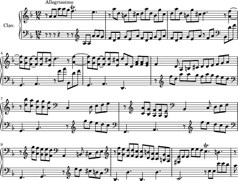 \version "2.18.2"
\header {
tagline = ##f
}
% petites notes
prallF = { \tag #'print { f4.\trill } \tag #'midi { g32 f g f~ f8 } }
prallC = { \tag #'print { c4.\trill } \tag #'midi { d32 c d c~ c8 } }
prallD = { \tag #'print { d4.\trill } \tag #'midi { e32 d e d~ d8 } }
upper = \relative c'' {
\clef treble
\key d \minor
\time 12/8
\tempo 4. = 100
\set Staff.midiInstrument = #"harpsichord"
s8*0^\markup{Allegrissimo}
r8 % \bar ".|:"
a8 a a' a g \prallF e4. | r8 a8 d, b g' cis, \repeat unfold 2 { d a' d, b g' cis, } d4. r8 < a f' >4~
% ms. 4
< a f' >8 < g e' > < f d' >~ q q < e cis' > d'4. r8 < a f' >4~ < a f' >8 < g e' > < f d' >~ q q < e cis' > d'8 f, d < f a >8 q < e g > | f4 d8 a8 b cis d d e f g a |
% ms. 7
r8 < d bes' >8 < c a' > < bes g' > q < a f' > \clef bass c,,4 d8 e f g | r8 \clef treble < c a' >8 < bes g' > < a f' > q < g e' > \clef bass bes,4 c8 d e f | r8 \clef treble < bes' g' >8 < a f' > < g e' > q < f d' > \clef bass a,,4 b8 cis d e |
% ms. 10
\clef treble r8 < a' f' >8 < g e' > < f d' > q < e c' > q < d b' > < c a' > q < b g' > < a f' > | < gis e' > e' e e' e d \prallC b4. | r8
}
lower = \relative c' {
\clef bass
\key d \minor
\time 12/8
\set Staff.midiInstrument = #"harpsichord"
% **************************************
r8 r8 r8 r4 r8 r8 \clef treble a8 a a' a g | \repeat unfold 3 { f d f g e a } r8 f \tempo 4. = 72 a | \tempo 4. = 100 \clef bass bes,,8 d' f |
% ms. 4
g,,4. a r8 f'' a bes,, d' f | g,,4. a d, s4. | r8 \clef treble f'''8 d a' a g f a g f e \tempo 4. = 72 d |
% ms. 7
\tempo 4. = 100 \clef bass g,,,4. bes | r8 \clef treble g'''8 f e d c | \clef bass f,,,4. a | r8 \clef treble f'''8 e d c bes | \clef bass f,,4. g r8 \clef treble e'''8 d cis b a |
% ms. 10
\clef bass d,,,4. d' d, d' | e,2. r8 e'8 e e'e d | c8
}
thePianoStaff = \new PianoStaff <<
\set PianoStaff.instrumentName = #"Clav."
\new Staff = "upper" \upper
\new Staff = "lower" \lower
>>
\score {
\keepWithTag #'print \thePianoStaff
\layout {
#(layout-set-staff-size 17)
\context {
\Score
\override SpacingSpanner.common-shortest-duration = #(ly:make-moment 1/2)
\remove "Metronome_mark_engraver"
}
}
}
\score {
\keepWithTag #'midi \thePianoStaff
\midi { }
}
