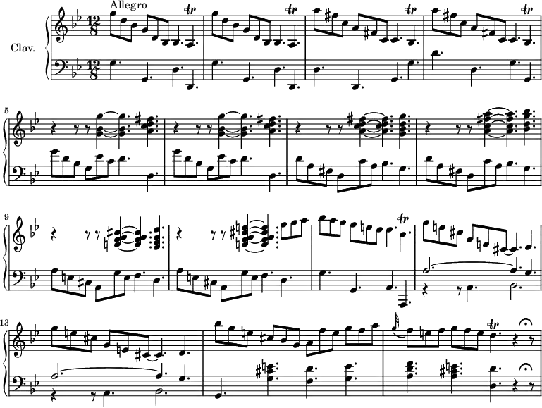 \version "2.18.2"
\header {
tagline = ##f
% composer = "Domenico Scarlatti"
% opus = "K. 111"
% meter = "Allegro"
}
%% les petites notes
trillAp = { \tag #'print { a4.\trill } \tag #'midi { bes32 a bes a~ a4 } }
trillBesp = { \tag #'print { bes4.\trill } \tag #'midi { c32 bes c bes~ bes4 } }
trillCisp = { \tag #'print { bes4.\trill } \tag #'midi { d32 cis d cis~ cis4 } }
trillDp = { \tag #'print { d4.\trill } \tag #'midi { e32 d e d~ d4 } }
upper = \relative c'' {
\clef treble
\key g \minor
\time 12/8
\tempo 4. = 112
\set Staff.midiInstrument = #"harpsichord"
\override TupletBracket.bracket-visibility = ##f
s8*0^\markup{Allegro}
\repeat unfold 2 { g'8 d bes g d bes bes4. \trillAp } | \repeat unfold 2 { a''8 fis c a fis c c4. \trillBesp }
% ms. 5
\repeat unfold 2 { r4 r8 r8 < g' bes g' >4~ q4. < a c d fis >4. }
% ms. 7
r4 r8 r8 < a c d fis >4~ q4. < g bes d g >4. | r4 r8 r8 < a c fis a >4~ q4. < bes d g bes >4. | r4 r8 r8 < e, g a cis >4~ q4. < d f a d >4. |
% ms. 10
r4 r8 r8 < e g a cis e >4~ q4. f'8 g a | bes a g f e d d4. \trillCisp | \repeat unfold 2 { g'8 e cis g e cis~ cis4. d4. } |
% ms. 14
bes''8 g e cis bes g a f' e g f a | \appoggiatura g32 f8 e f g f e \trillDp r4 r8^\markup { \translate #'(-0.6 . 0.7) % déplcement d'un point d'orgue
\musicglyph #"scripts.ufermata" }
}
lower = \relative c' {
\clef bass
\key g \minor
\time 12/8
\set Staff.midiInstrument = #"harpsichord"
\override TupletBracket.bracket-visibility = ##f
% ************************************** \appoggiatura a16 \repeat unfold 2 { } \times 2/3 { } \omit TupletNumber
\repeat unfold 2 { g4. g, d' d, } | d' d, g g' |
% ms. 4
d'4. d, g g, | \repeat unfold 2 { g''8 d bes g ees' c d4. d, } |
% ms. 7
\repeat unfold 2 { d'8 a fis d c' a bes4. g } | \repeat unfold 2 { a8 e cis a g' e f4. d } |
% ms. 11
g4. g, a a, | \repeat unfold 2 { << { a''2.~ a4. g } \\ { r4 r8 a,4. bes2. } >> }
% ms. 14
g4. < g' cis e >4. < f d' > < g e' > | < a d f > < a cis e > < d, d' > r4 r8^\markup { \translate #'(-0.6 . 0.7) % déplcement d'un point d'orgue
\musicglyph #"scripts.ufermata" }
}
thePianoStaff = \new PianoStaff <<
\set PianoStaff.instrumentName = #"Clav."
\new Staff = "upper" \upper
\new Staff = "lower" \lower
>>
\score {
\keepWithTag #'print \thePianoStaff
\layout {
#(layout-set-staff-size 17)
\context {
\Score
\override SpacingSpanner.common-shortest-duration = #(ly:make-moment 1/2)
\remove "Metronome_mark_engraver"
}
}
}
\score {
\keepWithTag #'midi \thePianoStaff
\midi { }
}
