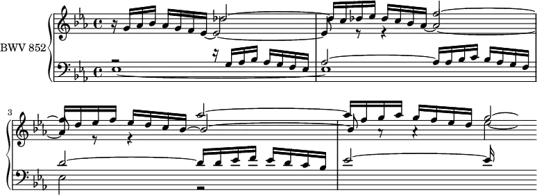 
\version "2.18.2"
\header {
  tagline = ##f
}

upper = \relative c'' {
    \clef treble 
    \key ees \major
    \time 4/4
    \tempo 4 = 60
    \set Staff.midiInstrument = #"harpsichord" 

   %% PRÉLUDE CBT I-7, BWV 852, mi-bémol majeur
   << { s1*2 s2 aes'2~ aes16 f g aes g f ees d g2*1/4~ \hideNotes g16 } \\ { \stemUp bes,16\rest g16 aes bes aes g f ees~ ees2~ ees8 r8 r4 } \\ { s1 s2 \stemUp f'2~ f16 d ees f ees d c bes~ bes2~ bes8 a8\rest a4\rest \stemDown ees'2*1/4_~ \hideNotes ees16 } \\ { s2 \stemUp des2^~ des16 c des ees des c bes aes~ aes2~ aes8 r8 r4 } >>
   
}

lower = \relative c {
    \clef bass 
    \key ees \major
    \time 4/4
    \set Staff.midiInstrument = #"harpsichord" 

       << {r2 r16 g'16 aes bes aes[ g f ees] aes2~ aes16 aes bes c bes aes g f | d'2~ d16 d ees f ees d c bes ees2~ ees16 } \\ { ees,1~ ees ees2 r2 } >>
} 

\score {
  \new PianoStaff <<
    \set PianoStaff.instrumentName = #"BWV 852"
    \new Staff = "upper" \upper
    \new Staff = "lower" \lower
  >>
  \layout {
    \context {
      \Score
      \remove "Metronome_mark_engraver"
    }
  }
  \midi { }
}
