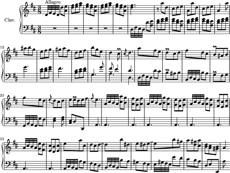 
\version "2.18.2"
\header {
  tagline = ##f
  % composer = "Domenico Scarlatti"
  % opus = "K. 313"
  % meter = "Allegro"
}

%% les petites notes
trillCisq     = { \tag #'print { cis8\prall } \tag #'midi { d32 cis d cis } }
appoDq        = { \tag #'print { \acciaccatura cis8 d4. } \tag #'midi {   \tempo 4. = 40 cis8 d4   \tempo 4. = 60 } }
trillBq       = { \tag #'print { b8\prall } \tag #'midi { cis32 b cis b } }
trillGq       = { \tag #'print { g8\prall } \tag #'midi { a32 g a g } }
trillDq       = { \tag #'print { d8\prall } \tag #'midi { e32 d e d } }
appoEq        = { \tag #'print { \appoggiatura fis16 e4. } \tag #'midi {   \tempo 4. = 40 fis8 e4   \tempo 4. = 60 } }
trillEq       = { \tag #'print { e16\prall } \tag #'midi { \times 2/3 { e32 d e } } }

upper = \relative c'' {
  \clef treble 
  \key d \major
  \time 3/8
  \tempo 4. = 60
  \set Staff.midiInstrument = #"harpsichord"
  \override TupletBracket.bracket-visibility = ##f

      s8*0^\markup{Allegro}
      d,32[ fis e d] d'8 < a e' > | \repeat unfold 2 { < d fis > < e g > < fis a > | < e g > < d fis > < a e' > } | < d fis >4. | r8 a'8 d, |
      % ms. 8
      cis8 d e | a, a' d, | cis d e | a,4 a'8 | ais b g | e fis g | gis a fis |
      % ms. 15
      d8 e fis | b g e | d4 \trillCisq | \appoDq | a'8 fis e | \trillDq cis8 d | fis d cis |
      % ms. 22
      \trillBq ais8 b | g' e d | \appoggiatura e16 d8 cis d | e \trillEq d16 e fis | \appoEq | a,32[ cis b a] < cis a' >8 < b g' > | < a fis' > < g e'  > < a fis' > |
      % ms. 29
      a32[ cis b a] < b g' >8 < a fis' > | < g e' > < fis d' > < g e' > | a32[ cis b a] < a fis' >8 < g e' > | < fis d' > < e cis' > < fis d' > | a32[ cis b a] < g e' >8 < fis d' > | < e cis' > < d b' > < e cis' > |
      % ms. 35
      e'8 a cis, | d cis d~ | d b' dis, | e dis e~ | e b' gis | a < d, gis > < cis a' > |
      % ms. 41
      < b d >8 < a cis > < gis b > | a4

}

lower = \relative c' {
  \clef bass
  \key d \major
  \time 3/8
  \set Staff.midiInstrument = #"harpsichord"
  \override TupletBracket.bracket-visibility = ##f

    % ************************************** \appoggiatura a16  \repeat unfold 2 {  } \times 2/3 { }   \omit TupletNumber 
      R4.*5 | d,32[ fis e d] d'8 < a e' > | \repeat unfold 2 { < d fis > < e g > < fis a > | < e g > < d fis > < a e' > } |
      % ms. 11
      < d fis > < e g > < fis a > | g4. | < cis, e >8 < d fis > < e g > | fis4. |
      % ms. 15
      < b, d >8 < cis e > < d fis > | << { g,4 g'8 | fis8 e4 | d4. } \\ { \mergeDifferentlyDottedOn g,4. | a | d, } >> | d32[ fis e d] d'8 cis | \trillBq ais b | b,32[ d cis b] b'8 a |
      % ms. 22
      \trillGq  fis g | g,32[ b a g] g'8 fis | < e g >4 < fis a >8 | < cis e >8 d d, | \repeat unfold 9 { a'4. }
      % ms. 35
      a32[ cis b a] a'8 g | fis e d | b32[ d cis b] b'8 a | gis fis e | e32[ gis fis e] e'8 d | cis b a |
      % ms. 41
      d,8 e e, | a'

}

thePianoStaff = \new PianoStaff <<
    \set PianoStaff.instrumentName = #"Clav."
    \new Staff = "upper" \upper
    \new Staff = "lower" \lower
  >>

\score {
  \keepWithTag #'print \thePianoStaff
  \layout {
      #(layout-set-staff-size 17)
    \context {
      \Score
     \override SpacingSpanner.common-shortest-duration = #(ly:make-moment 1/2)
      \remove "Metronome_mark_engraver"
    }
  }
}

\score {
  \keepWithTag #'midi \thePianoStaff
  \midi { }
}
