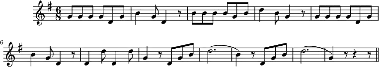 \version "2.14.2"
\header {
tagline = ##f
}
\score {
\new Staff \with {
%\remove "Time_signature_engraver"
}
\relative c'' {
\key g \major
\time 6/8
\tempo 8 = 240
\set Staff.midiInstrument = #"oboe"
%%%% Jean de la Lune
g8 g g g d g b4 g8 d4 r8 b' b b b g b d4 b8 g4 r8
g8 g g g d g b4 g8 d4 r8 d4 d'8 d,4 d'8 g,4 r8
d8 g b d2.( b4) r8 d,8 g b d2.( g,4) r8 r4 r8
\bar "||"
}
\layout {
\context {
\Score
\remove "Metronome_mark_engraver"
}
}
\midi {}
}