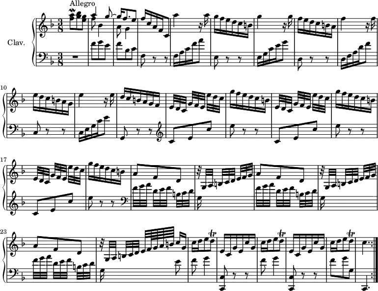 
\version "2.18.2"
\header {
  tagline = ##f
}

%% les petites notes
trillDq     = { \tag #'print { d8\trill } \tag #'midi { \times 2/3 { e32 d e } d16 } }
mordAq      = { \tag #'print { < f a >8\mordent } \tag #'midi { << { a32 g a~ a } \\ { f8 } >> } }

upper = \relative c'' {
  \clef treble 
  \key f \major
  \time 3/8
  \tempo 4. = 54
  \set Staff.midiInstrument = #"harpsichord"
  \override TupletBracket.bracket-visibility = ##f
  \omit TupletNumber

  \repeat volta 2 {
     s8*0^\markup{Allegro}
     \mordAq < g bes >8 < e g > | << { a4 g8~ | g16 f8. e8 } \\ { f8 bes,4 | a8 g4 } >> | f'16 c a f c8 | a''4 r16 a16 |
     % ms. 6
     g16 f e d c b | g'4 r16 g16 | f e d c b a | f'4 r16 f16 | e d c b a g |
     % ms. 11
     e'4 r16 e16 | d c b a g f | \repeat unfold 3 { \times 4/3 { e32 d c } \times 4/3 { g'[ f e] } \times 4/3 { e' d c } |
     % ms. 18
     g'16 f e d c b } | a8 f d | \repeat unfold 2 { \times 4/3 { r32 g,32 a } \times 4/3 { b[ c d] } \times 4/3 { e f g } | a8 f d } | \times 4/3 { r32 g,32 a } \times 2/3 { b[ c d] } \times 2/3 { e32[ f64 g a b] }  c16 g |
     % ms. 25
     \repeat unfold 2 { c16 d e8 \trillDq | e,16 c g' e c' g } | c16 d e8 \trillDq | c4.
   }%reprise

}

lower = \relative c' {
  \clef bass
  \key f \major
  \time 3/8
  \set Staff.midiInstrument = #"harpsichord"
  \override TupletBracket.bracket-visibility = ##f
  \omit TupletNumber

    % **************************************
  \repeat volta 2 {
      R4. | f8 g e | f bes, c | f, r8 r8 | f16 a c f a8 |
     % ms. 6
     e,8 r8 r8 | e16 g c e g8 | d,8 r8 r8 | d16 f a d f8 | c,8 r8 r8 |
     % ms. 11
     c16 e g c e8 | g,,8 r8 r8 |   \clef treble \repeat unfold 3 { c'8 e c' | e8 r8 r8 } |   \clef bass
     % ms. 19
     \repeat unfold 2 { \times 4/3 { f,32 g a } \times 4/3 { d,32[ e f] } \times 4/3 {  b,32 c d } | g,16 s16 s4 } | \times 4/3 { f'32 g a } \times 4/3 { d,32[ e f] } \times 4/3 { b,32 c d } | g,16 s16 s8 e'8 |
     % ms. 25
     \repeat unfold 2 { f8  g4 | < c,,, c' >8 r8 r8 } | f''8 \tempo 4. = 48 g \tempo 4. = 38 g, | c,,4.   \tempo 4. = 54
     }%reprise

}

thePianoStaff = \new PianoStaff <<
    \set PianoStaff.instrumentName = #"Clav."
    \new Staff = "upper" \upper
    \new Staff = "lower" \lower
  >>

\score {
  \keepWithTag #'print \thePianoStaff
  \layout {
      #(layout-set-staff-size 17)
    \context {
      \Score
     \override SpacingSpanner.common-shortest-duration = #(ly:make-moment 1/2)
      \remove "Metronome_mark_engraver"
    }
  }
}

\score {
  \unfoldRepeats 
  \keepWithTag #'midi \thePianoStaff
  \midi { }
}
