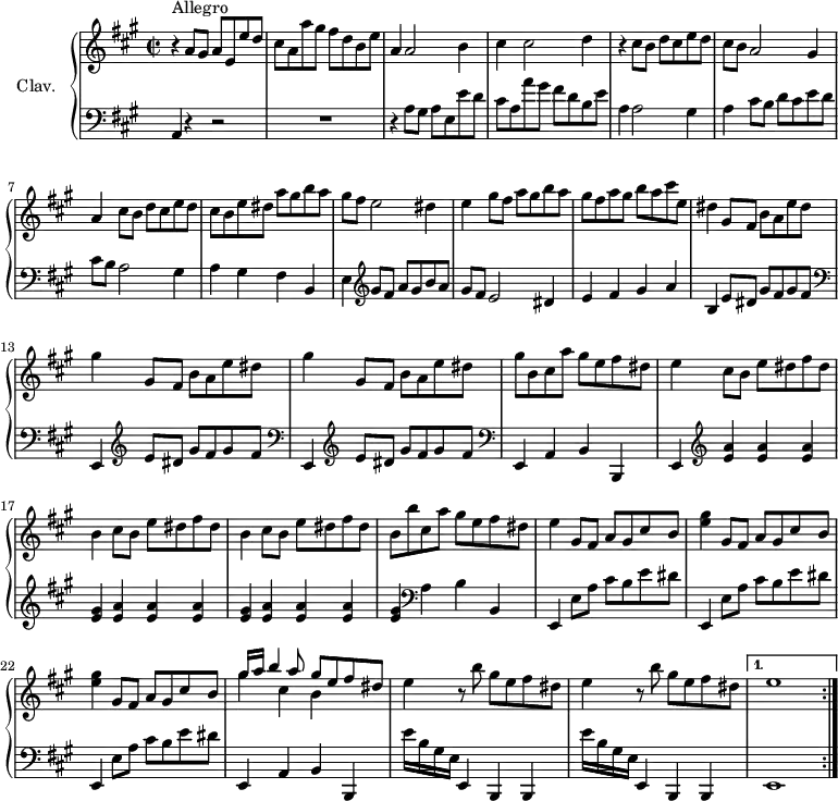 
\version "2.18.2"
\header {
  tagline = ##f
}

upper = \relative c' {
  \clef treble 
  \key a \major
  \time 2/2
  \tempo 2 = 78
  \set Staff.midiInstrument = #"harpsichord"

  \repeat volta 2 {
    r4^\markup{Allegro} a'8 gis a e e' d | cis a a' gis fis d b e | a,4 a2 b4 | cis4 cis2 d4 | r4 cis8 b d cis e d | cis b a2 gis4 | a cis8 b d cis e d |
    % ms. 8
    cis8 b e dis a' gis b a | gis fis e2 dis4 | e4 gis8 fis a gis b a | gis fis a gis b a cis e, | 
    % ms. 12
    dis4 \repeat unfold 2 { gis,8 fis b a e' dis | gis4 } gis,8 fis b a e' dis | gis8 b, cis a' gis e fis dis | 
    % ms. 16
    e4  \repeat unfold 2 { cis8 b e dis fis dis | b4 } cis8 b e dis fis dis | b b' cis, a' gis e fis dis | 
    % ms. 20
    e4  \repeat unfold 2 { gis,8 fis a gis cis b | < e gis >4 } gis,8 fis a gis cis b | << { gis'16 a b4 a8 gis e fis dis } \\ { gis4 cis, b } >>
    % ms. 24
    e4  r8 b'8 gis e fis dis | e4 r8 b'8 gis e fis dis | e1 }%reprise

}

lower = \relative c {
  \clef bass
  \key a \major
  \time 2/2
  \omit Staff.TimeSignature
  \set Staff.midiInstrument = #"harpsichord"

    % **************************************
     \repeat volta 2 {
     \tempo 2 = 60 a4 \tempo 2 = 78 r4 r2 | R1 | r4 a'8 gis a e e' d cis a a' gis fis d b e | \tempo 2 = 60 a,4 \tempo 2 = 78 a2 gis4 |  a4 cis8 b d cis e d | cis b a2 gis4 | 
     % ms. 8
     a gis fis b, | e  \clef treble  gis'8 fis a  gis b a | gis fis e2 dis4 | e fis gis a | 
     % ms. 12
       \tempo 2 = 60 b,   \tempo 2 = 78 \repeat unfold 2 { \clef treble  e8 dis gis fis gis fis  \clef bass  e,,4 } \clef treble  e''8 dis gis fis gis fis  \clef bass  e,,4 a b b, |
     % ms. 16
     \tempo 2 = 60 e4 \tempo 2 = 78 \clef treble \repeat unfold 3 { < e'' a >4 q q < e gis > }  \clef bass  a,4 b b, | 
     % ms. 20
     \tempo 2 = 60 e,4 \tempo 2 = 78 \repeat unfold 3 { e'8 a cis b e dis e,,4 } a b b, | e''16 b gis e e,4 b b | e''16 b gis e e,4 b \tempo 2 = 64 b | 
     } 
     \alternative { 
      { e1 | }
      { s8*0 }
     }


% \bar ":|." 

} 

thePianoStaff = \new PianoStaff <<
    \set PianoStaff.instrumentName = #"Clav."
    \new Staff = "upper" \upper
    \new Staff = "lower" \lower
  >>

\score {
  \keepWithTag #'print \thePianoStaff
  \layout {
      #(layout-set-staff-size 17)
    \context {
      \Score
     \override SpacingSpanner.common-shortest-duration = #(ly:make-moment 1/2)
      \remove "Metronome_mark_engraver"
    }
  }
}

\score {
  \unfoldRepeats
  \keepWithTag #'midi \thePianoStaff
  \midi { }
}

