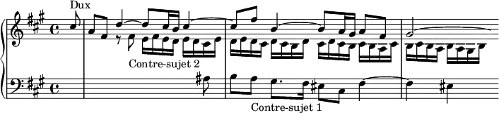 
\version "2.18.2"
\header {
  tagline = ##f
}

Dux          = { cis8-\markup{Dux} a fis d'4~ d8 cis16 b cis4~ cis8 fis b,4~  b8 a16 gis a8 fis gis2~ }
ContreSujetA = { a8-\markup{Contre-sujet 1} gis8. fis16 | eis8 cis fis4~ fis eis4 }
ContreSujetB = { gis8-\markup{Contre-sujet 2} fis16 gis fis e fis e dis fis | e fis e  dis e dis cis e dis }

upper = \relative c'' {
  \clef treble 
  \key fis \minor
  \time 4/4
  \tempo 4 = 80
  \set Score.currentBarNumber = #66
  \set Staff.midiInstrument = #"harpsichord" 
  %\context Score \applyContext #(set-bar-number-visibility 4)
  \bar ""

   %% FUGUE CBT II-14, BWV 883, fa-dièse mineur
   
   << { \partial 8 \Dux \hideNotes gis16 } \\ { s4. r8 \transpose gis fis \relative c'' { \ContreSujetB } d16 cis b cis b a cis b cis b a b a gis b } >>
   
}

lower = \relative c' {
  \clef bass 
  \key fis \minor
  \time 4/4
  \set Staff.midiInstrument = #"harpsichord" 

   s8 s4*3 s8 ais8 b \ContreSujetA s16
   
} 

\score {
  \new PianoStaff <<
    \set PianoStaff.instrumentName = #""
    \new Staff = "upper" \upper
    \new Staff = "lower" \lower
  >>
  \layout {
    \context {
      \Score
      \remove "Metronome_mark_engraver"
    }
  }
  \midi { }
}

