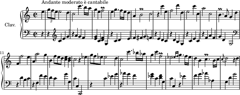 
\version "2.18.2"
\header {
  tagline = ##f
  % composer = "Domenico Scarlatti"
  % opus = "K. 170"
  % meter = "Andante moderato è cantabile"
}

%% les petites notes
trillFb     = { \tag #'print { f2\prall } \tag #'midi { g32 f g f~ f8 f4 } }
trillFbDown = { \tag #'print { f,2\prall } \tag #'midi { g32 f g f~ f8 f4 } }
trillBb     = { \tag #'print { b2\prall } \tag #'midi { c32 b c b~ b8 b4 } }
trillBp     = { \tag #'print { b4.\prall } \tag #'midi { c32 b c b~ b4 } }
trillCp     = { \tag #'print { c4.\prall } \tag #'midi { d32 c d c~ c4 } }


upper = \relative c'' {
  \clef treble 
  \key c \major
  \time 2/2
  \tempo 2 = 56
  \set Staff.midiInstrument = #"harpsichord"
  \override TupletBracket.bracket-visibility = ##f

      \partial 4
      s8*0^\markup{Andante moderato è cantabile}
      e4 | \times 2/3 { g8 f e } e2 d4 | c2 c'4. b16 a | g4 e \trillFb | e g4. f16 e | d4 a \trillBb
      % ms. 6
      c2 r4 c'4 | e, f2 d'4 | d, e2 c'4 | c, a'2 c, | \trillBp a8 g4 d' | f, f'2 e4 |
      % ms. 12
      a,4 a'2 g4 | b, \omit TupletNumber \times 2/3 { f'8 e d } < c e >4 < b d > | c2 r4 ees4 | \times 2/3 { g8 f ees } ees2 d4 | c2 c'4. bes16 aes |
      % ms. 17
      g4 c \trillFbDown | ees2 \grace {   \tempo 2 = 20 ees16 f } \tempo 2 = 56 g4. f16 ees | d4 b \trillCp b16 c \appoggiatura c8 d2 r4 d4
      % ms. 22
      

}

lower = \relative c' {
  \clef bass
  \key c \major
  \time 2/2
  \set Staff.midiInstrument = #"harpsichord"
  \override TupletBracket.bracket-visibility = ##f

    % ************************************** \appoggiatura \repeat unfold 2 {  } \times 2/3 { }
      r4 | r4   \clef treble  c4 e g | r4 a4 g f | < e g >4 c < d f > g, | r4 c4 d e | f fis g f | 
      % ms. 6
      r4 e4 d c  | r4 d b g | r4 c e c | r4 f a f | g d g,2 |   \clef bass  r4 d'4 b c |
      % ms. 12
      r4 f,4 f' e | d c g' g, | c c, c,2 | r4 c''4 ees g | r4 aes g f 
      % ms. 17
      < ees g > c < d f > g,4 | c c, r4 | ees'4 f g aes aes, | g d' g2 
      % ms. 22
      

}

thePianoStaff = \new PianoStaff <<
    \set PianoStaff.instrumentName = #"Clav."
    \new Staff = "upper" \upper
    \new Staff = "lower" \lower
  >>

\score {
  \keepWithTag #'print \thePianoStaff
  \layout {
      #(layout-set-staff-size 17)
    \context {
      \Score
     \override SpacingSpanner.common-shortest-duration = #(ly:make-moment 1/2)
      \remove "Metronome_mark_engraver"
    }
  }
}

\score {
  \keepWithTag #'midi \thePianoStaff
  \midi { }
}
