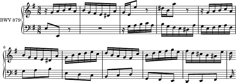 
\version "2.18.2"
\header {
  tagline = ##f
}

thème = { r16 g a b c a | b g fis e dis a' }

upper = \relative c'' {
  \clef treble 
  \key e \minor
  \time 3/8
  \tempo 4 = 60 % tempo de Keller
  \set Staff.midiInstrument = #"harpsichord" 

   %% PRÉLUDE CBT II-10, BWV 879, mi mineur
   \thème | g16[ e e'8] r8 | dis16 b a'8 r8 | \relative c'' \thème g,16 b c d e c d b a g fis c' b d e fis g e fis d cis b ais e' | d
}

lower = \relative c {
  \clef bass 
  \key e \minor
  \time 3/8
  \set Staff.midiInstrument = #"harpsichord" 
  
   e8 e, r8 R4. \relative c' \thème g'16 e fis g a fis g8 a b e, d c b c d g, fis e d e fis | b16
   
} 

\score {
  \new PianoStaff <<
    \set PianoStaff.instrumentName = #"BWV 879"
    \new Staff = "upper" \upper
    \new Staff = "lower" \lower
  >>
  \layout {
    \context {
      \Score
      \remove "Metronome_mark_engraver"
    }
  }
  \midi { }
}
